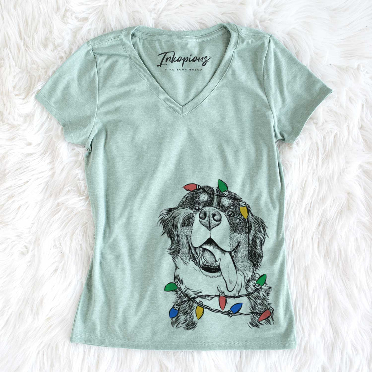 Christmas Lights Theo the Bernese Mountain Dog - Women&#39;s V-neck Shirt