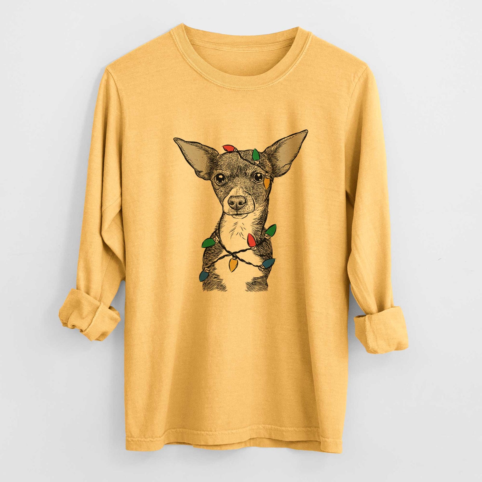 Christmas Lights Tiny Archie the Mixed Breed - Heavyweight 100% Cotton Long Sleeve