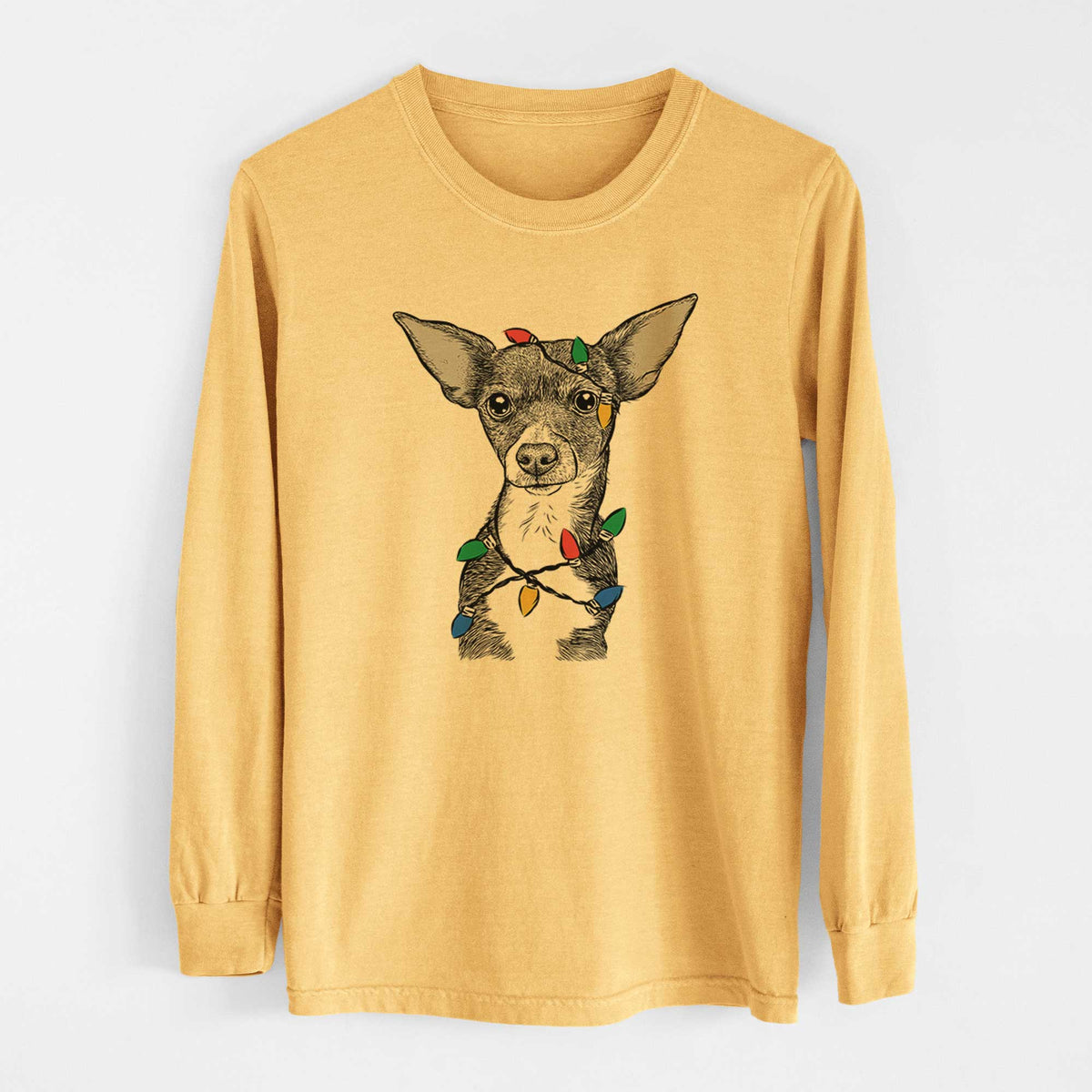 Christmas Lights Tiny Archie the Mixed Breed - Heavyweight 100% Cotton Long Sleeve