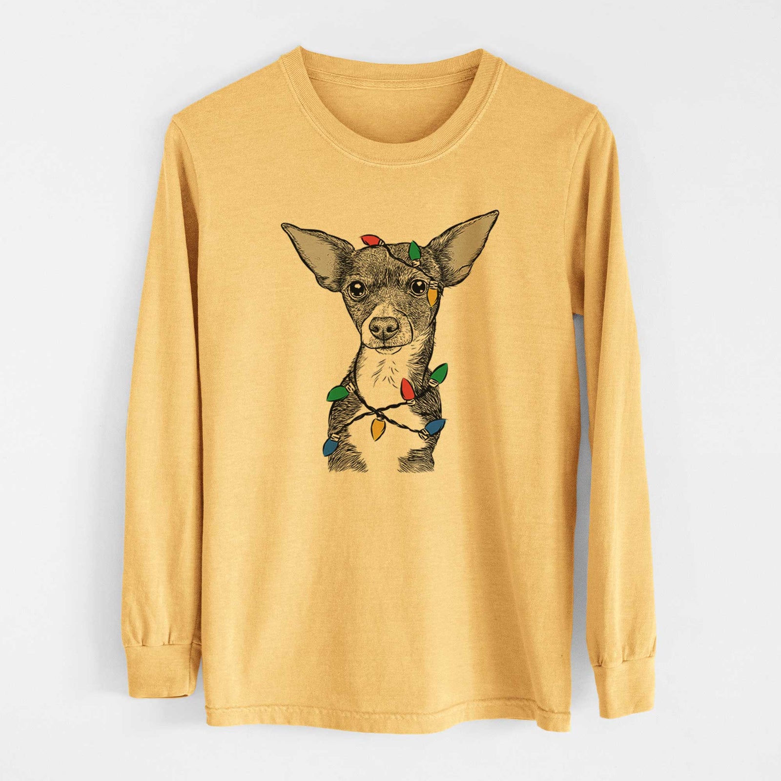 Christmas Lights Tiny Archie the Mixed Breed - Heavyweight 100% Cotton Long Sleeve