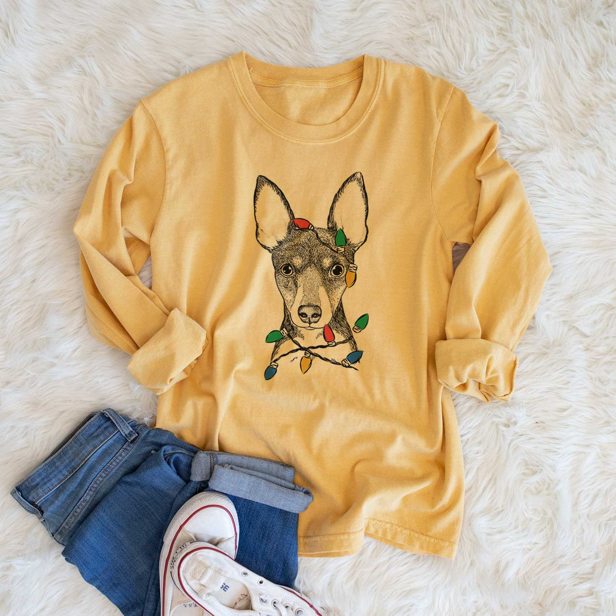 Christmas Lights Tiny the Toy Fox Terrier - Heavyweight 100% Cotton Long Sleeve