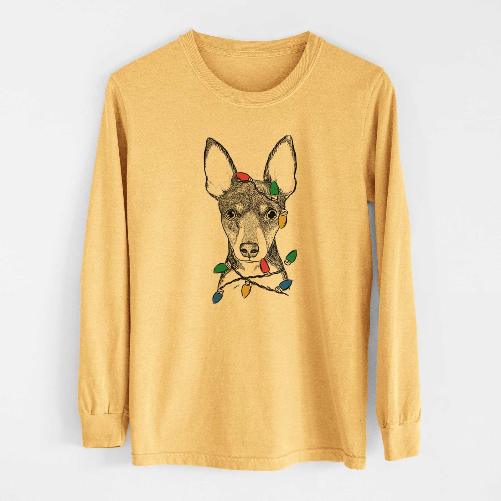 Christmas Lights Tiny the Toy Fox Terrier - Heavyweight 100% Cotton Long Sleeve