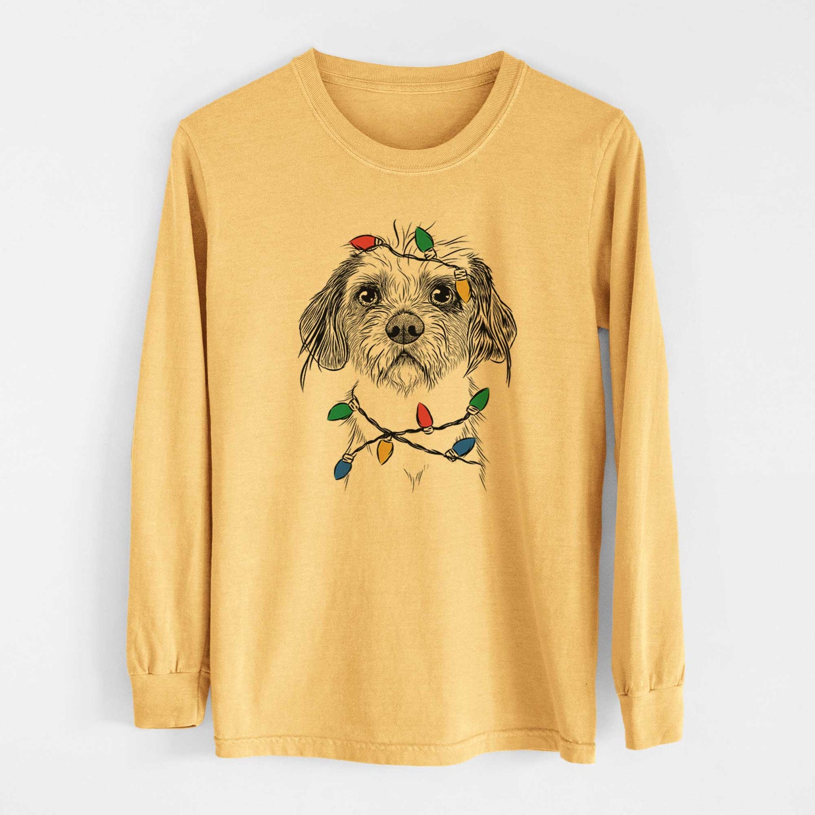 Christmas Lights Tiny Tucker the Mixed Breed - Heavyweight 100% Cotton Long Sleeve