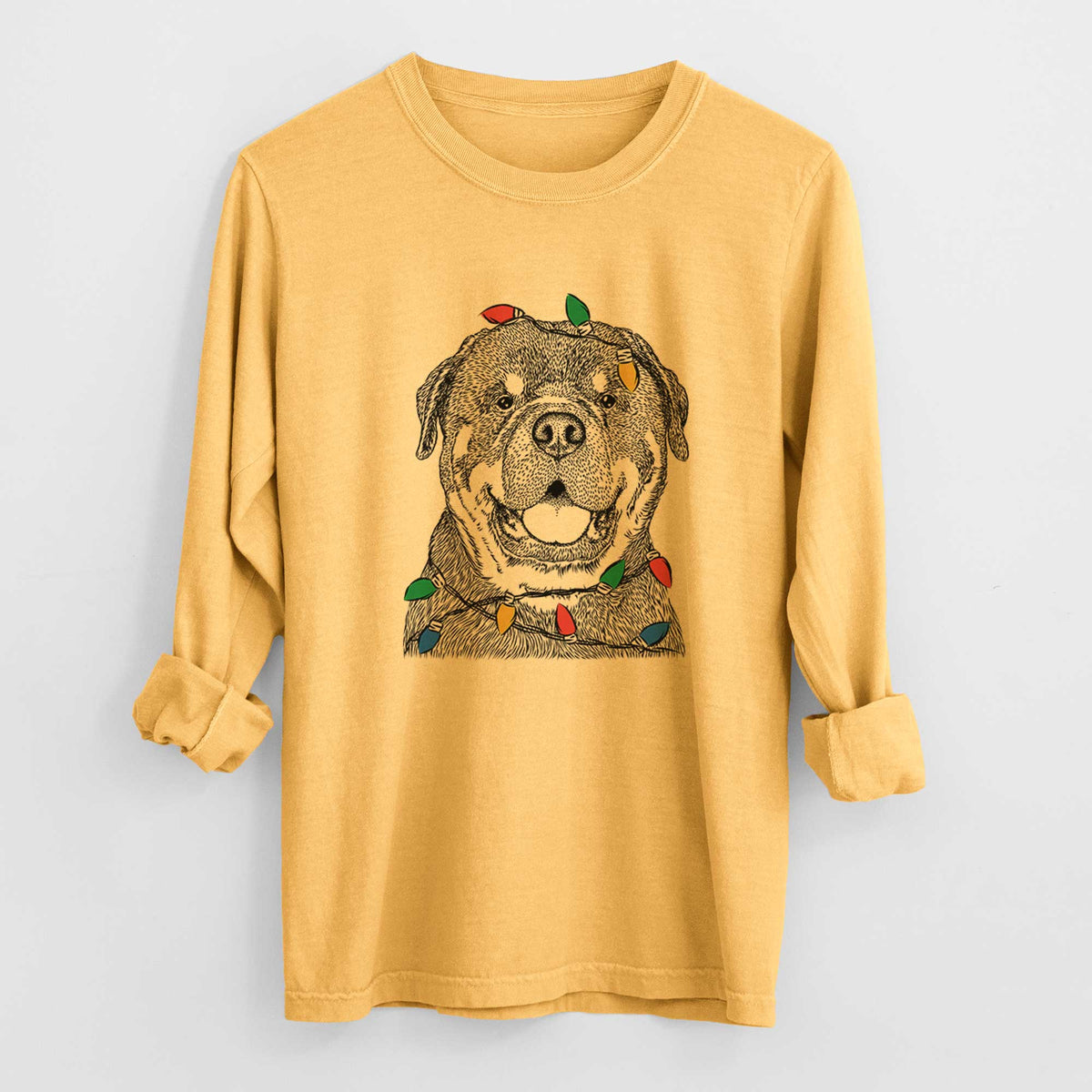 Christmas Lights Titan the Rottweiler - Heavyweight 100% Cotton Long Sleeve