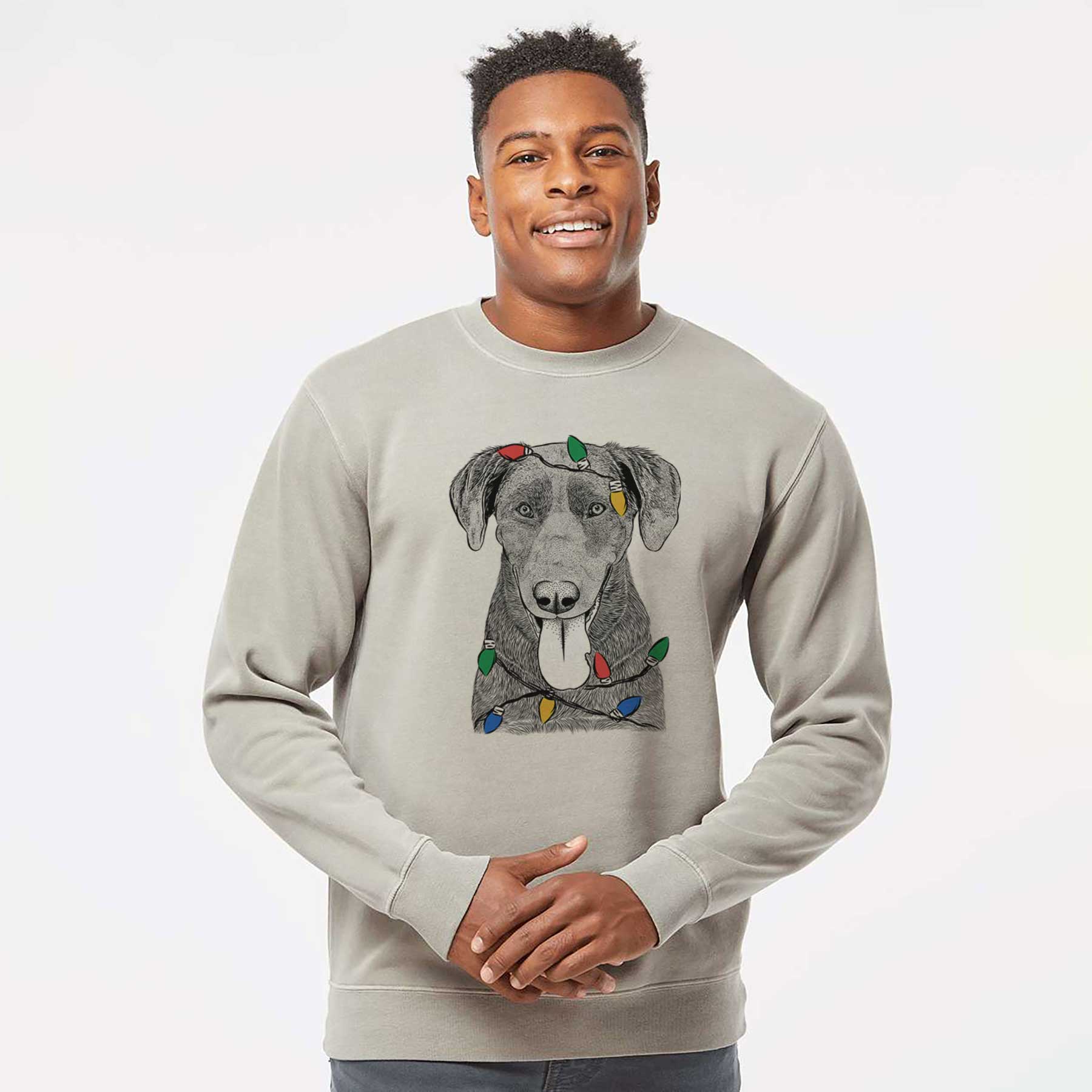 Christmas Lights Tobes the Chocolate Lab - Unisex Pigment Dyed Crew Sweatshirt