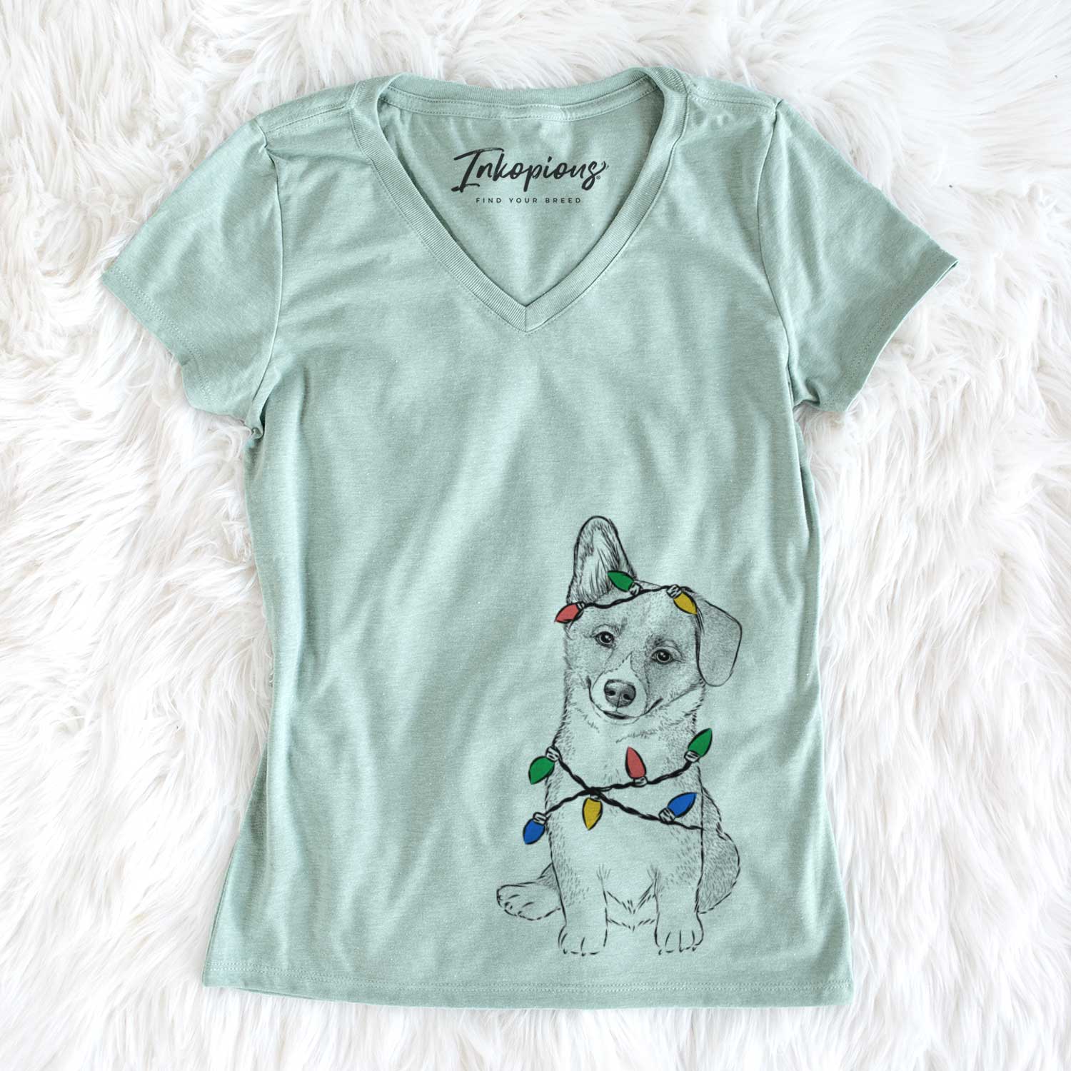 Christmas Lights Toby the Corgi Puppy - Women's V-neck Shirt