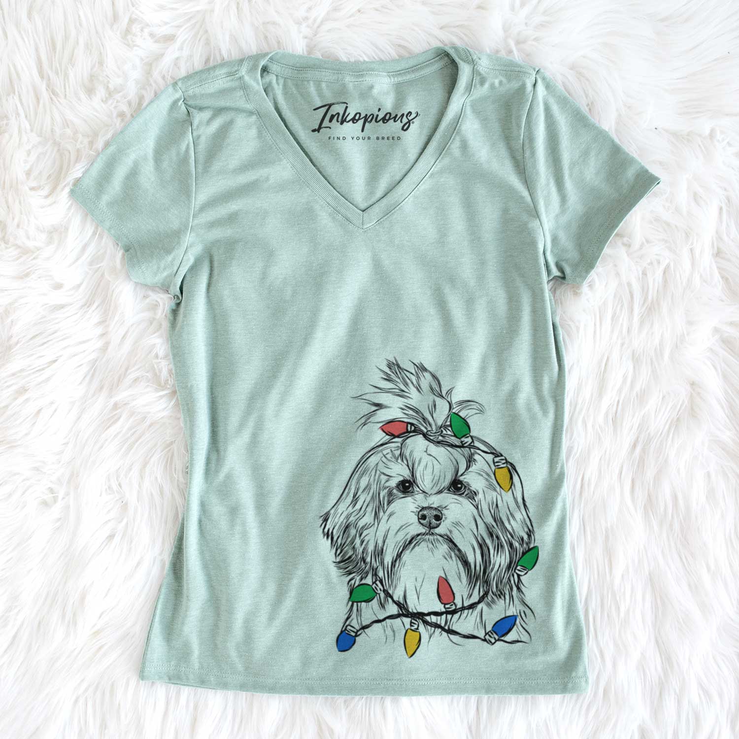 Christmas Lights Tootsie the Lowchen - Women's V-neck Shirt