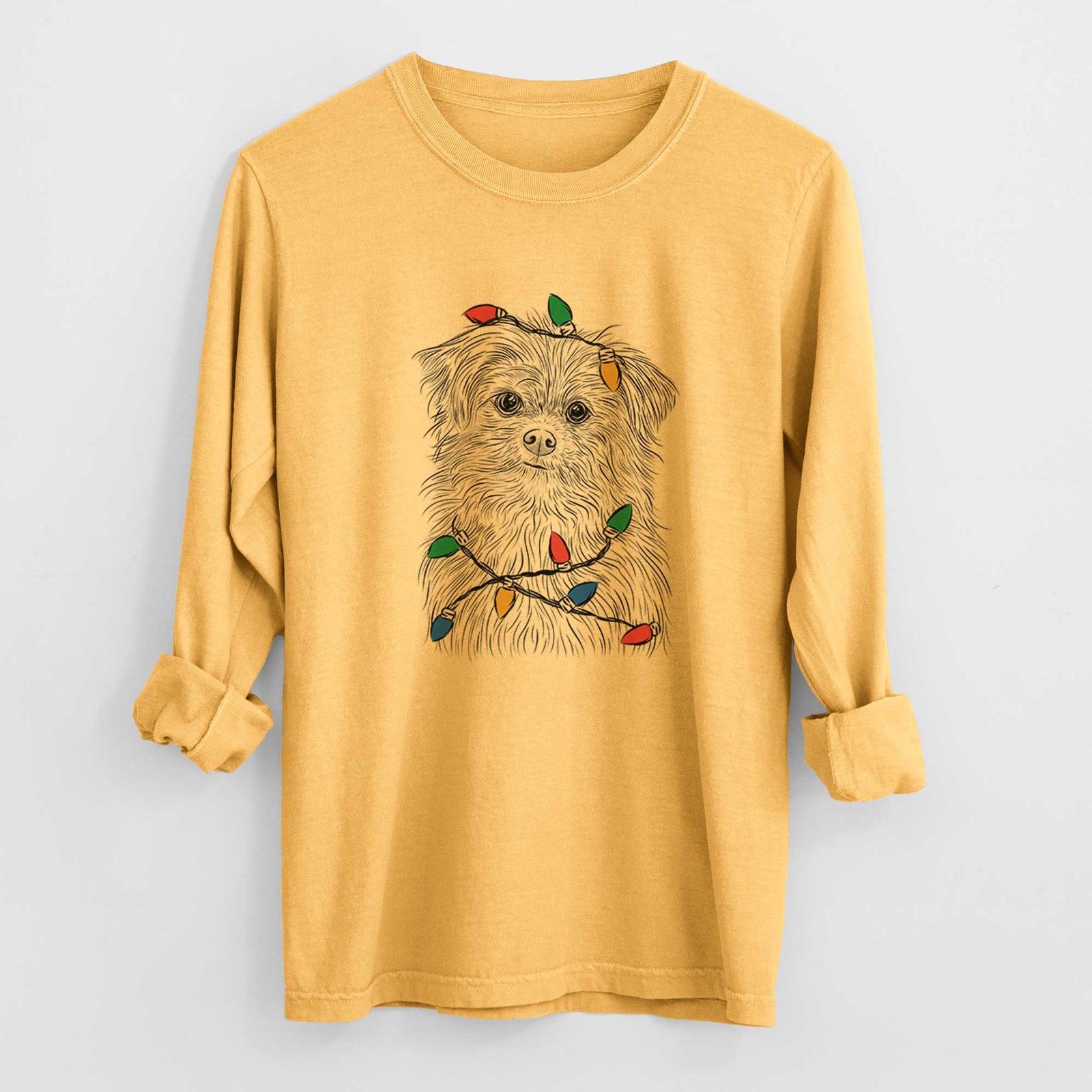 Christmas Lights Trixie the Terrier Mix - Heavyweight 100% Cotton Long Sleeve