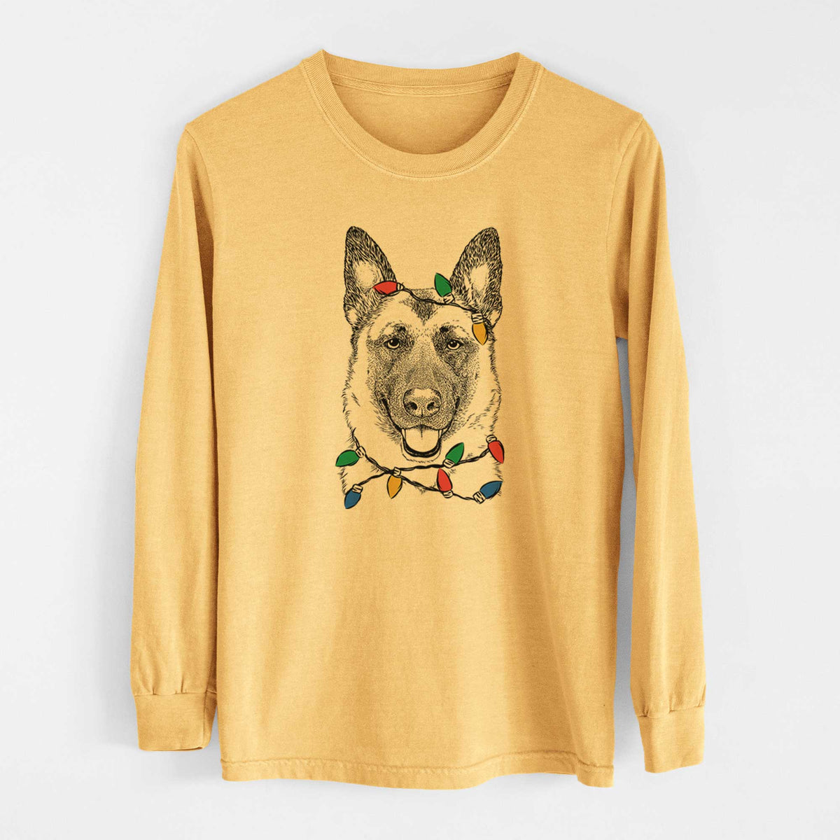 Christmas Lights Trooper the German Shepherd - Heavyweight 100% Cotton Long Sleeve