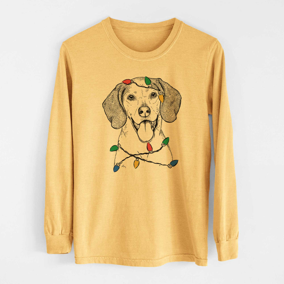Christmas Lights Trooper the Hound Mix - Heavyweight 100% Cotton Long Sleeve