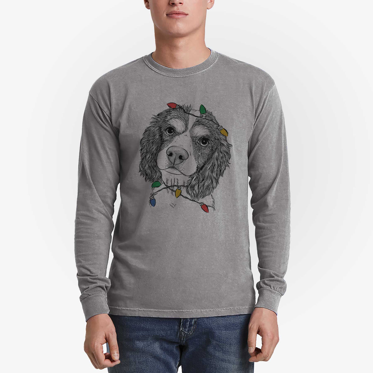 Christmas Lights Truman the Cavalier King Charles Spaniel - Heavyweight 100% Cotton Long Sleeve