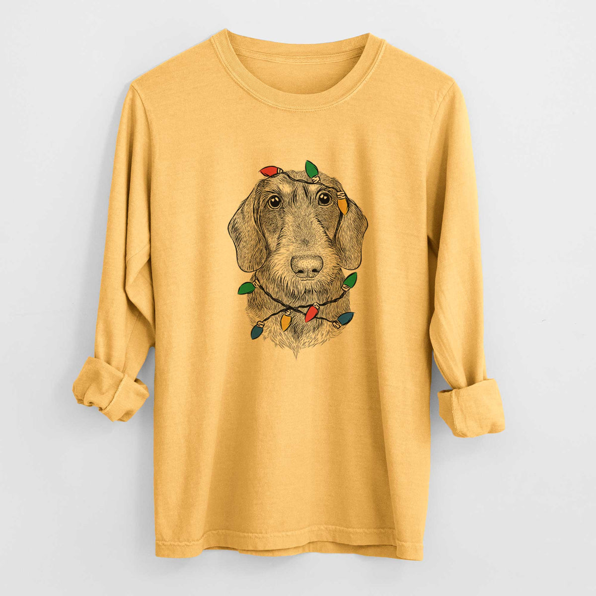 Christmas Lights Truman the Wirehaired Dachshund - Heavyweight 100% Cotton Long Sleeve