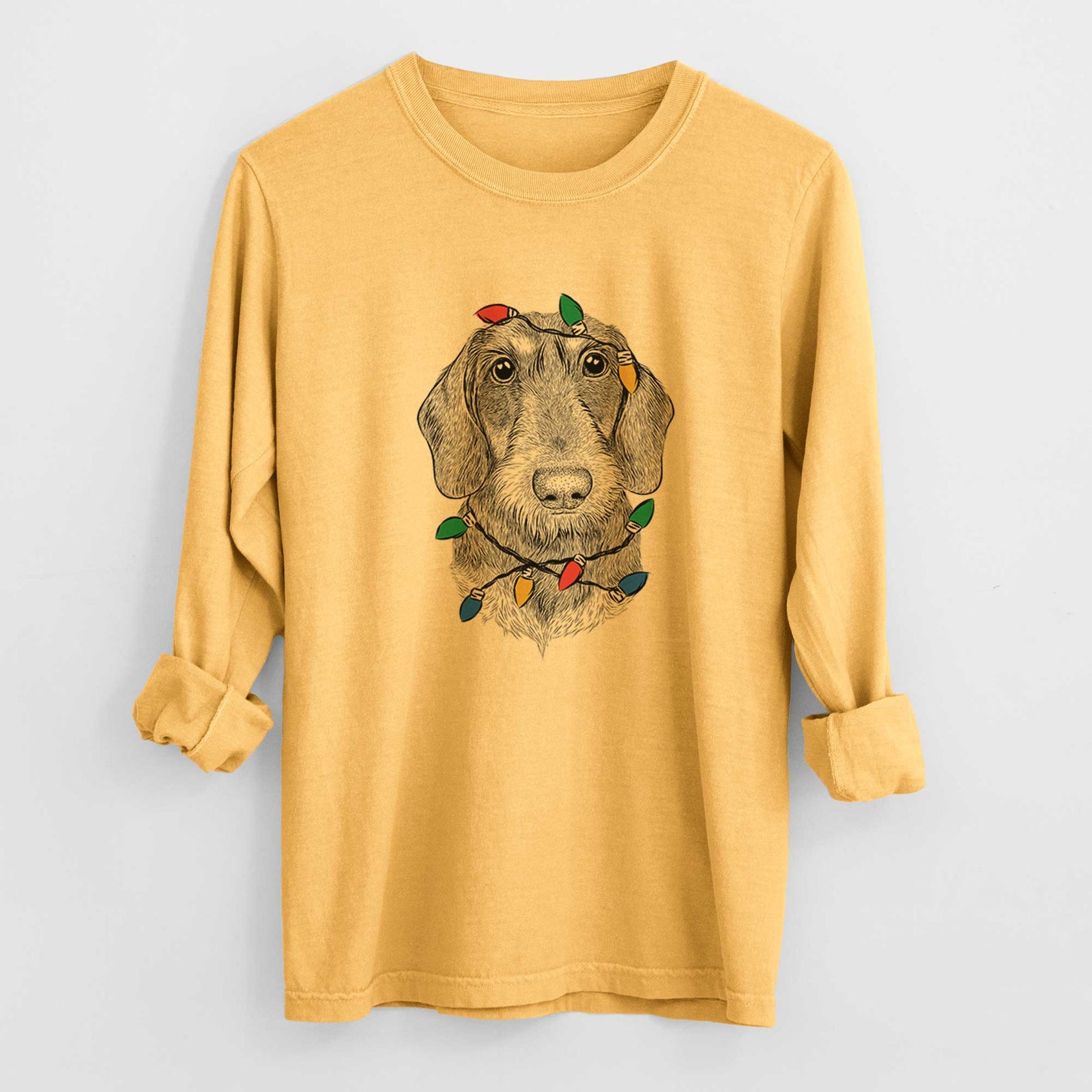 Christmas Lights Truman the Wirehaired Dachshund - Heavyweight 100% Cotton Long Sleeve