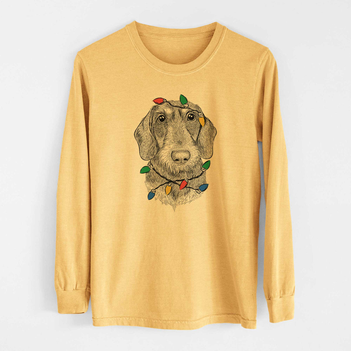 Christmas Lights Truman the Wirehaired Dachshund - Heavyweight 100% Cotton Long Sleeve