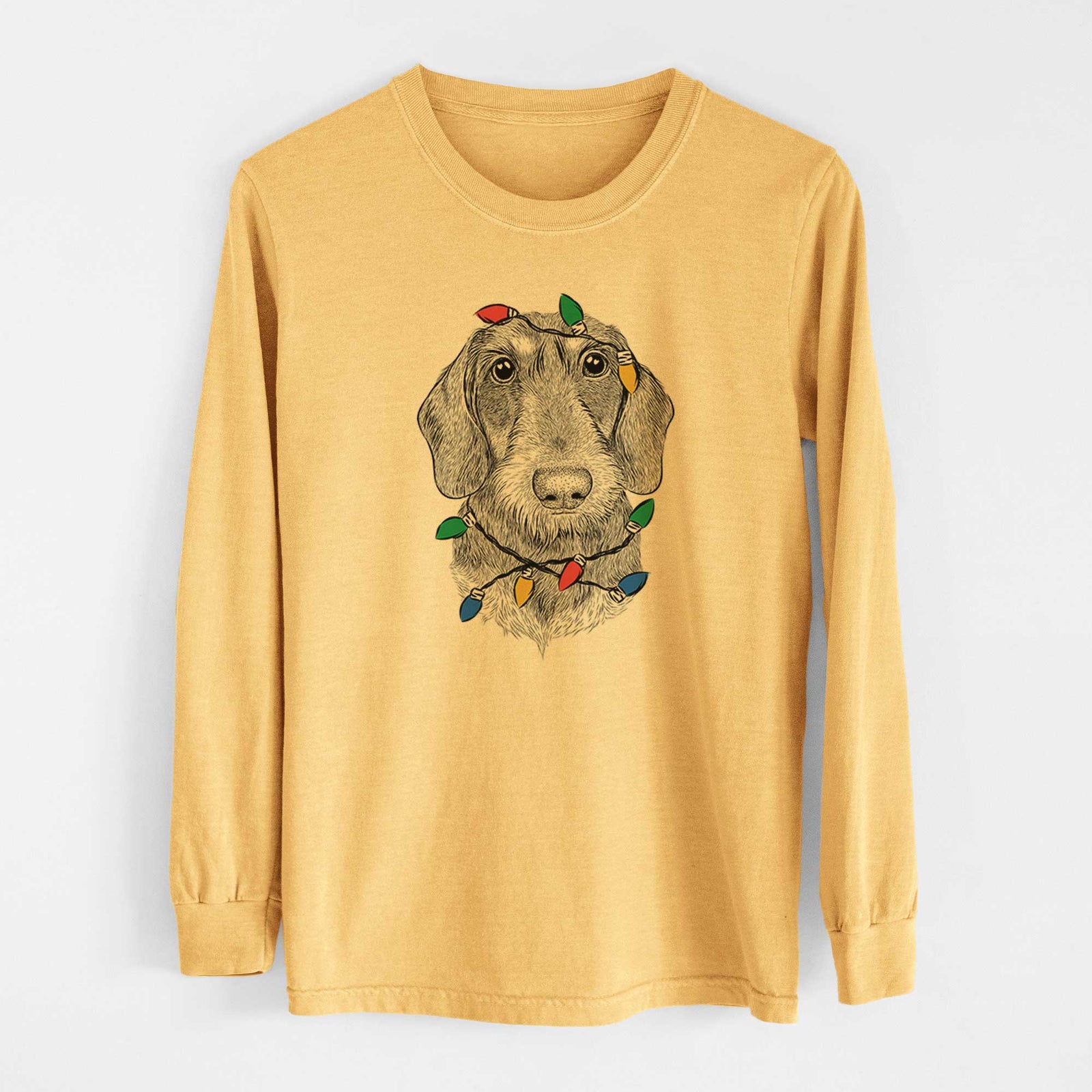 Christmas Lights Truman the Wirehaired Dachshund - Heavyweight 100% Cotton Long Sleeve