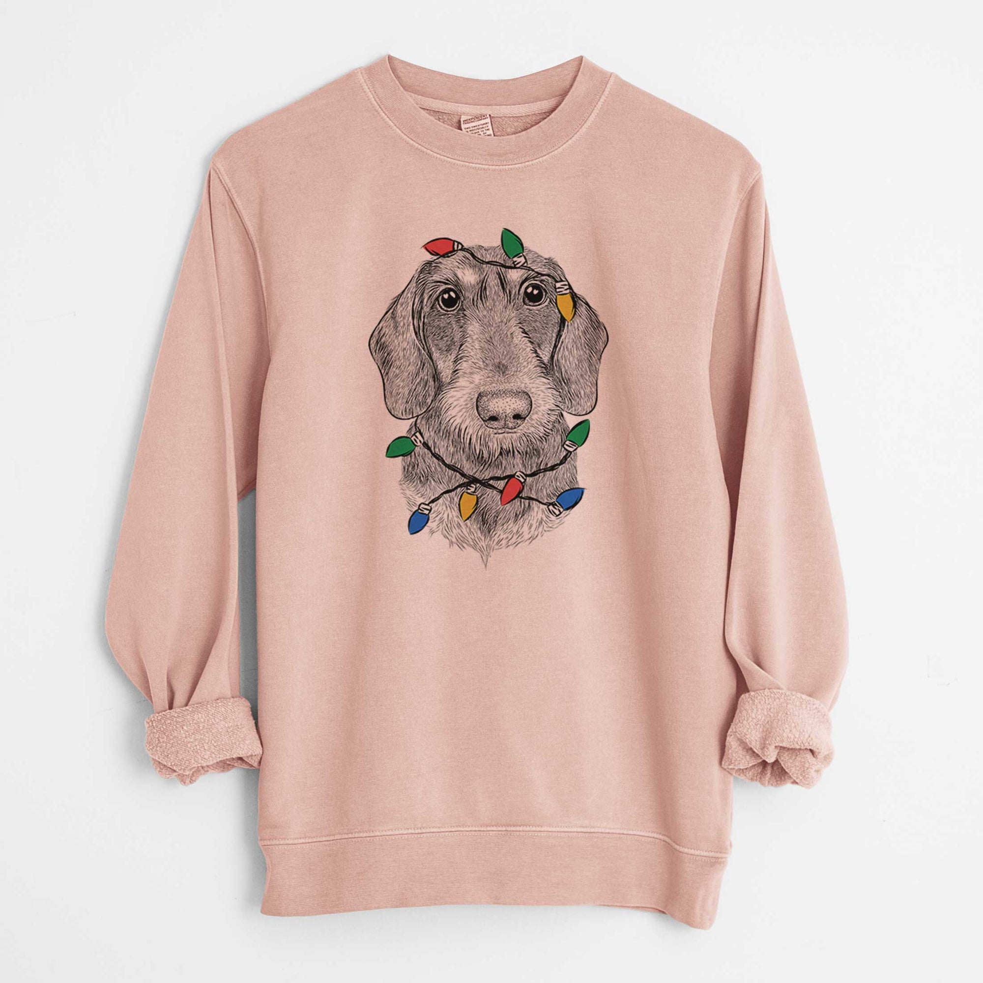 Christmas Lights Truman the Wirehaired Dachshund - Unisex Pigment Dyed Crew Sweatshirt