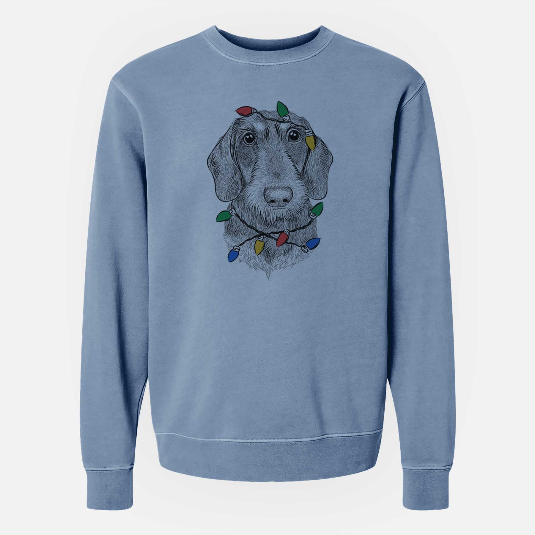 Christmas Lights Truman the Wirehaired Dachshund - Unisex Pigment Dyed Crew Sweatshirt