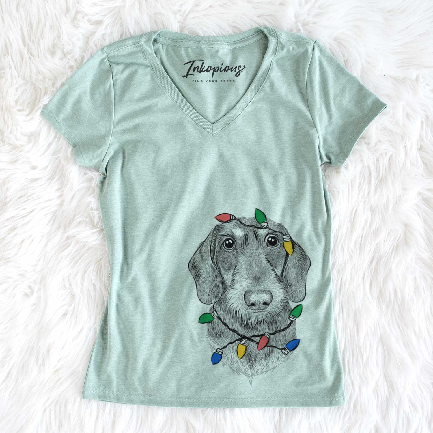 Christmas Lights Truman the Wirehaired Dachshund - Women's V-neck Shirt