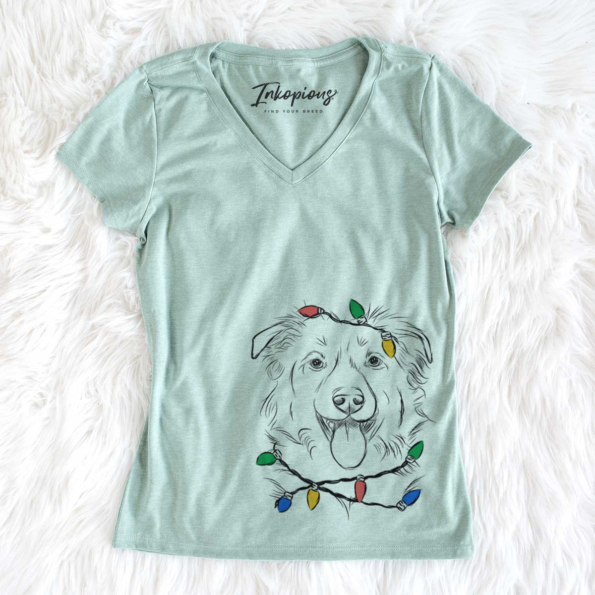 Christmas Lights Tucker the Collie Shepherd - Women&#39;s V-neck Shirt