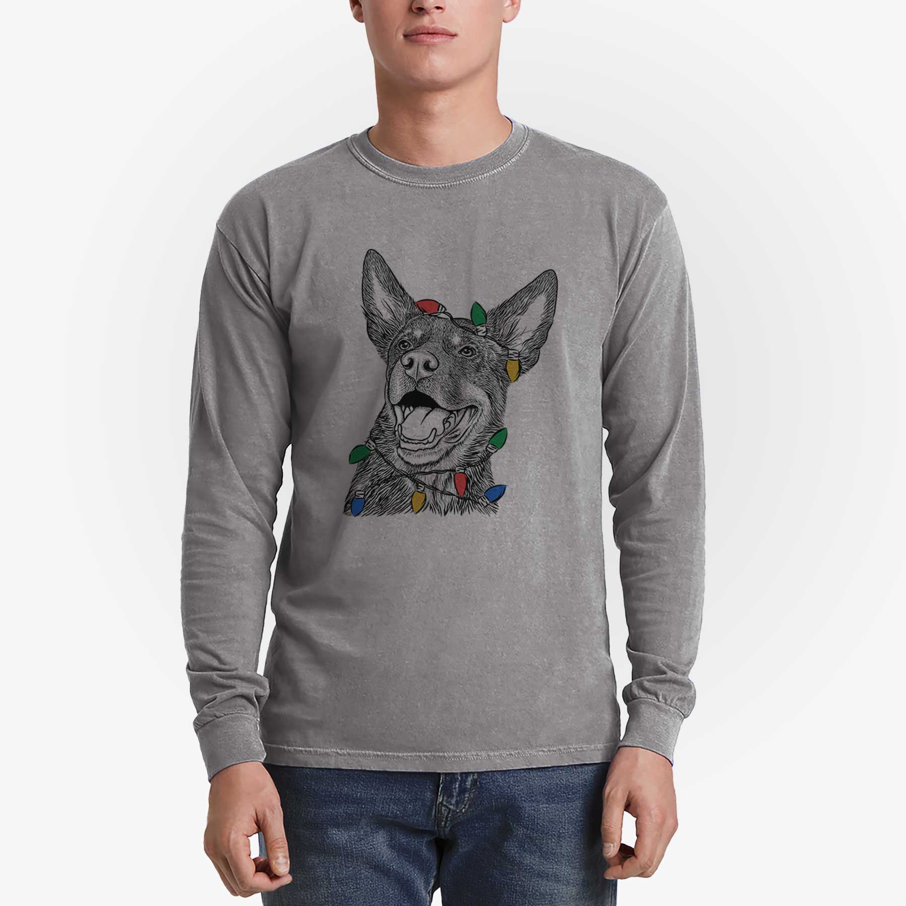 Christmas Lights Tucker the Australian Kelpie - Heavyweight 100% Cotton Long Sleeve