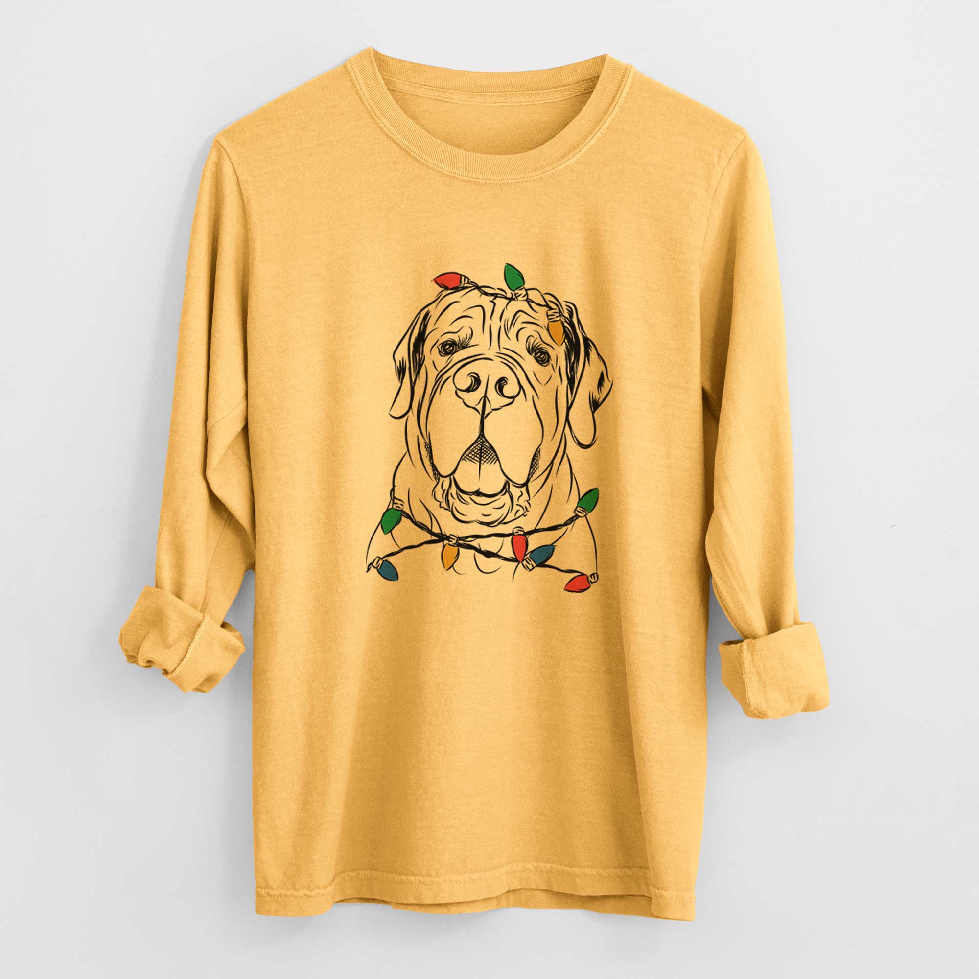 Christmas Lights Tufton the English Mastiff - Heavyweight 100% Cotton Long Sleeve