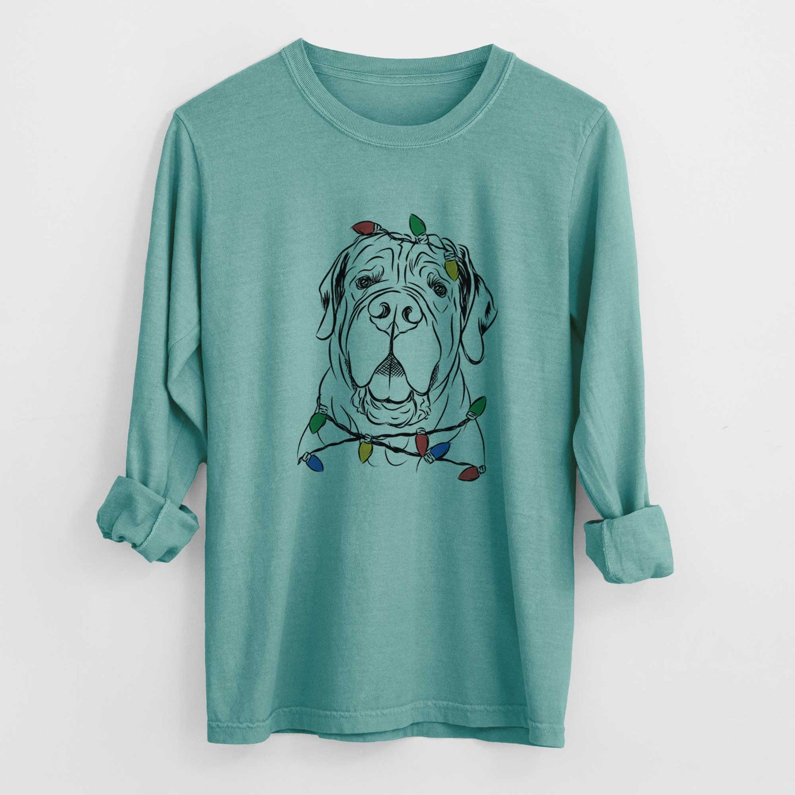 Christmas Lights Tufton the English Mastiff - Heavyweight 100% Cotton Long Sleeve