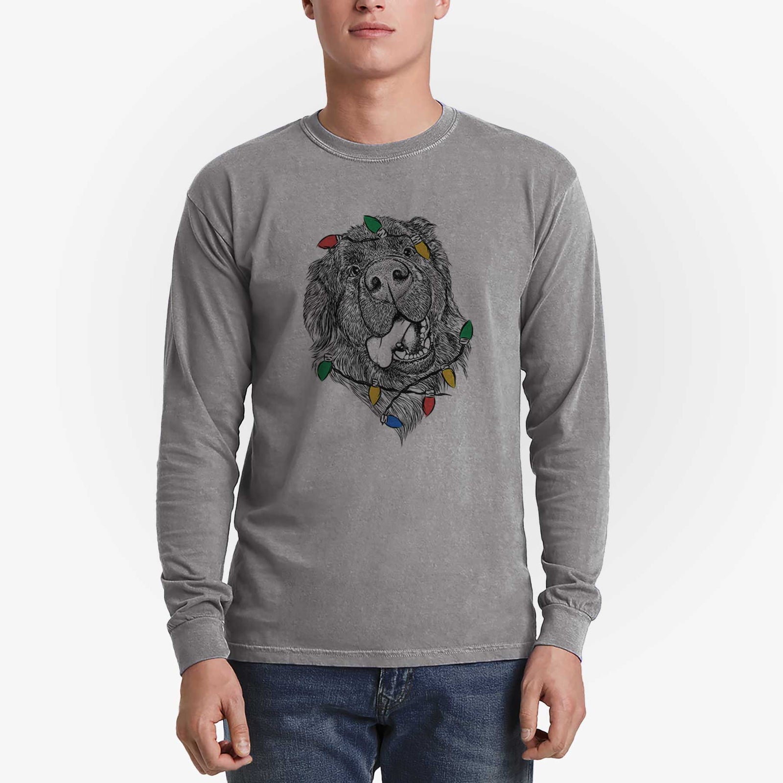 Christmas Lights Tuna the Newfoundland - Heavyweight 100% Cotton Long Sleeve