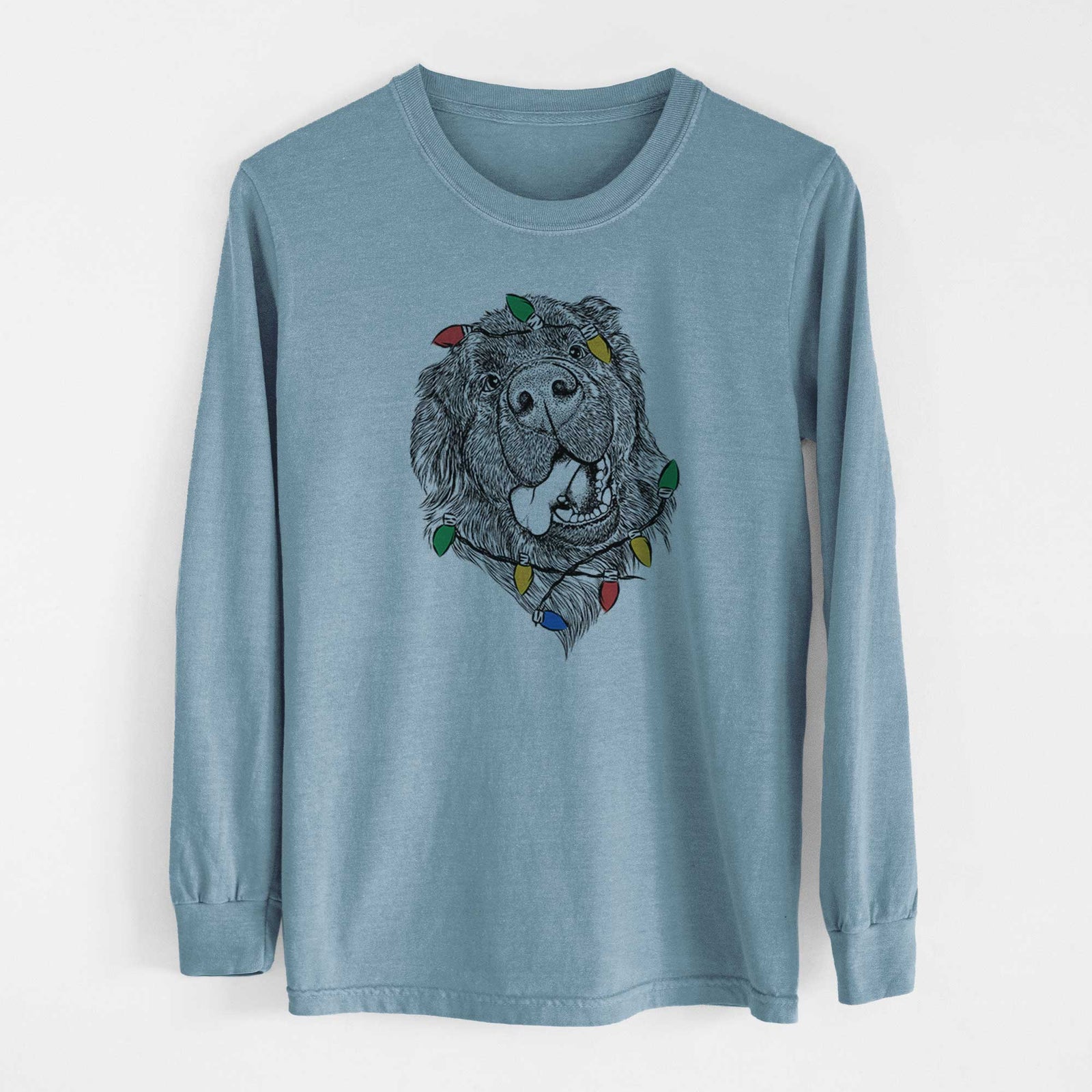 Christmas Lights Tuna the Newfoundland - Heavyweight 100% Cotton Long Sleeve