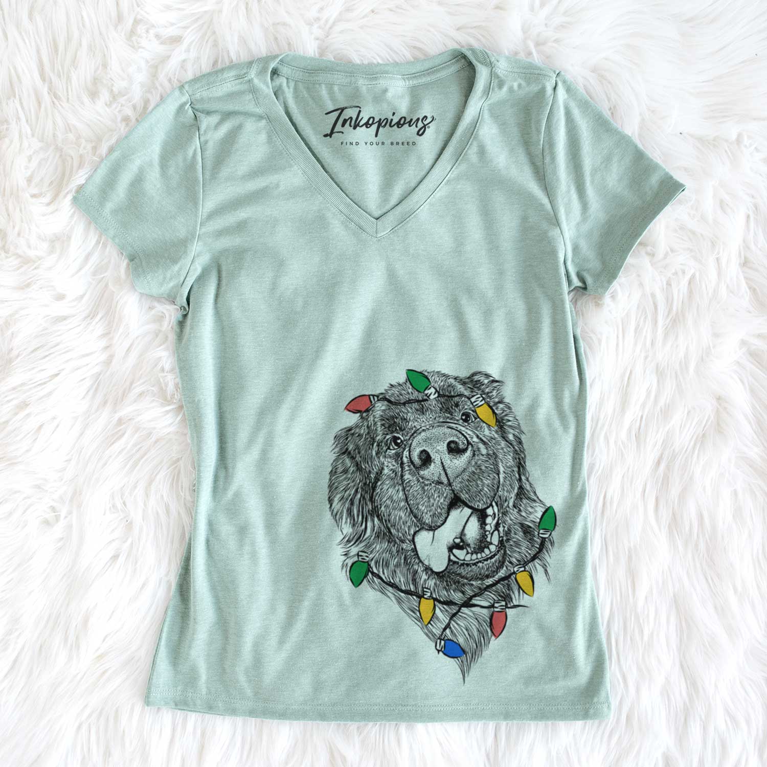 Christmas Lights Tuna the Newfoundland - Women's V-neck Shirt