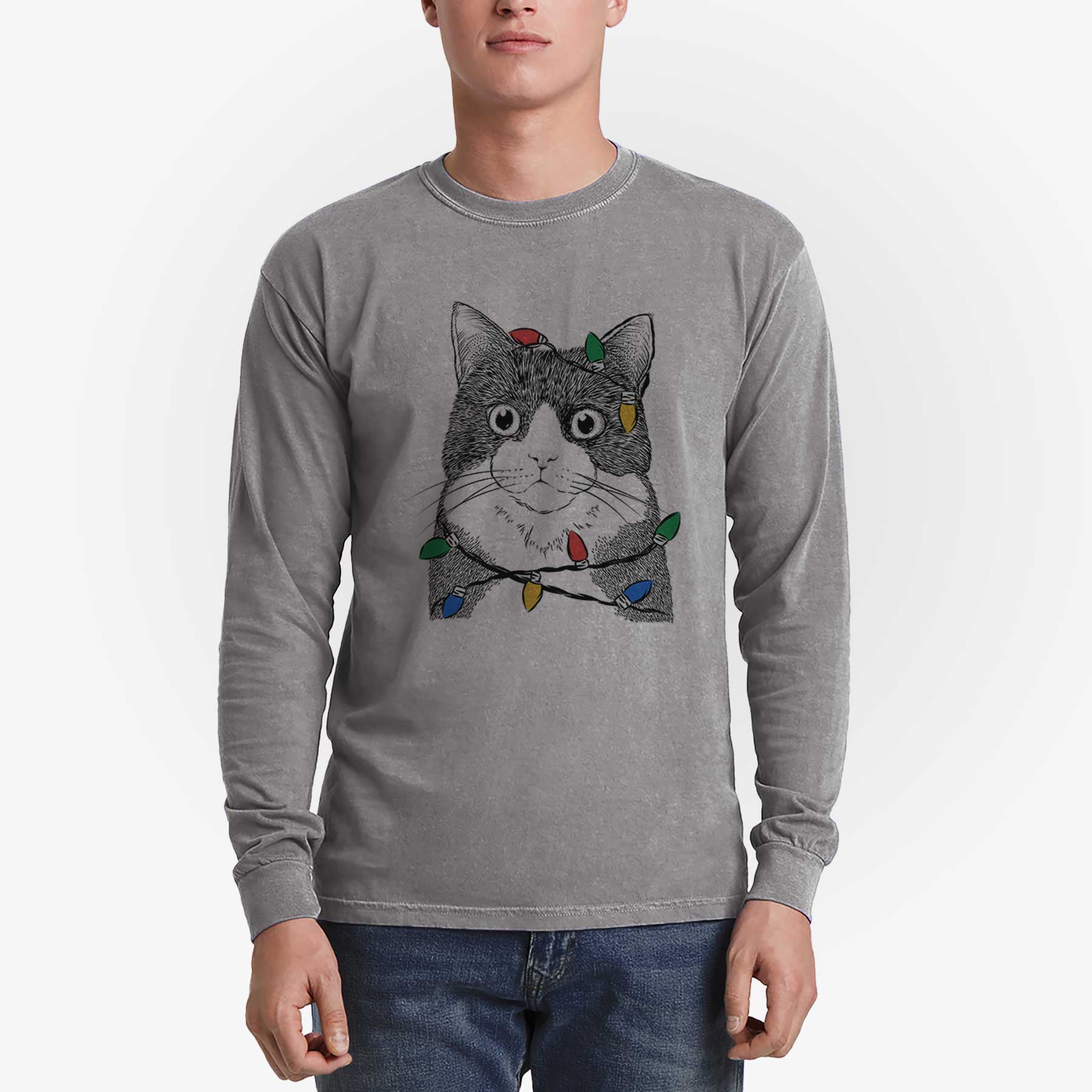 Christmas Lights Tux the Tuxedo Cat - Heavyweight 100% Cotton Long Sleeve