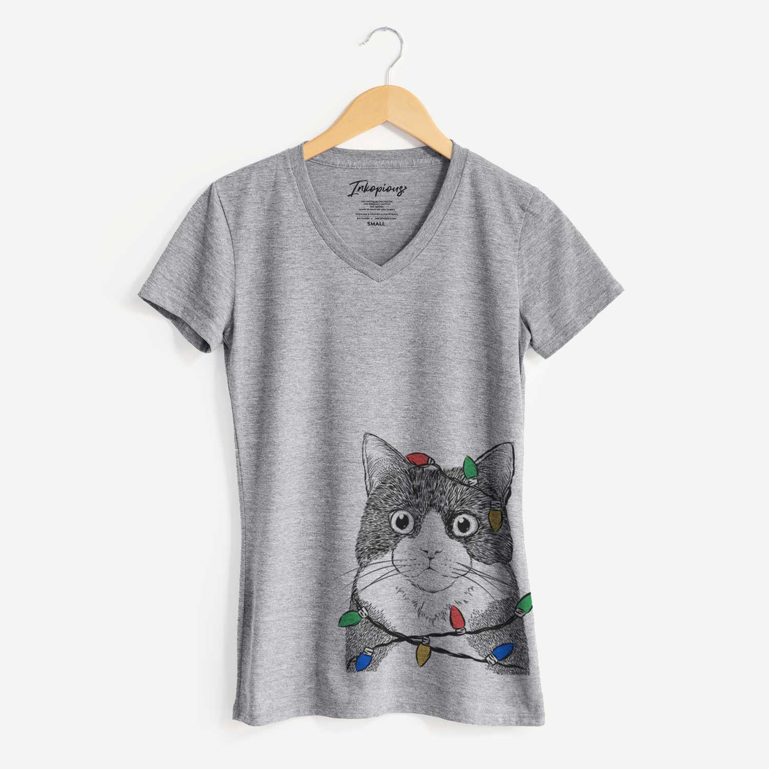 Christmas Lights Tux the Tuxedo Cat - Women's V-neck Shirt