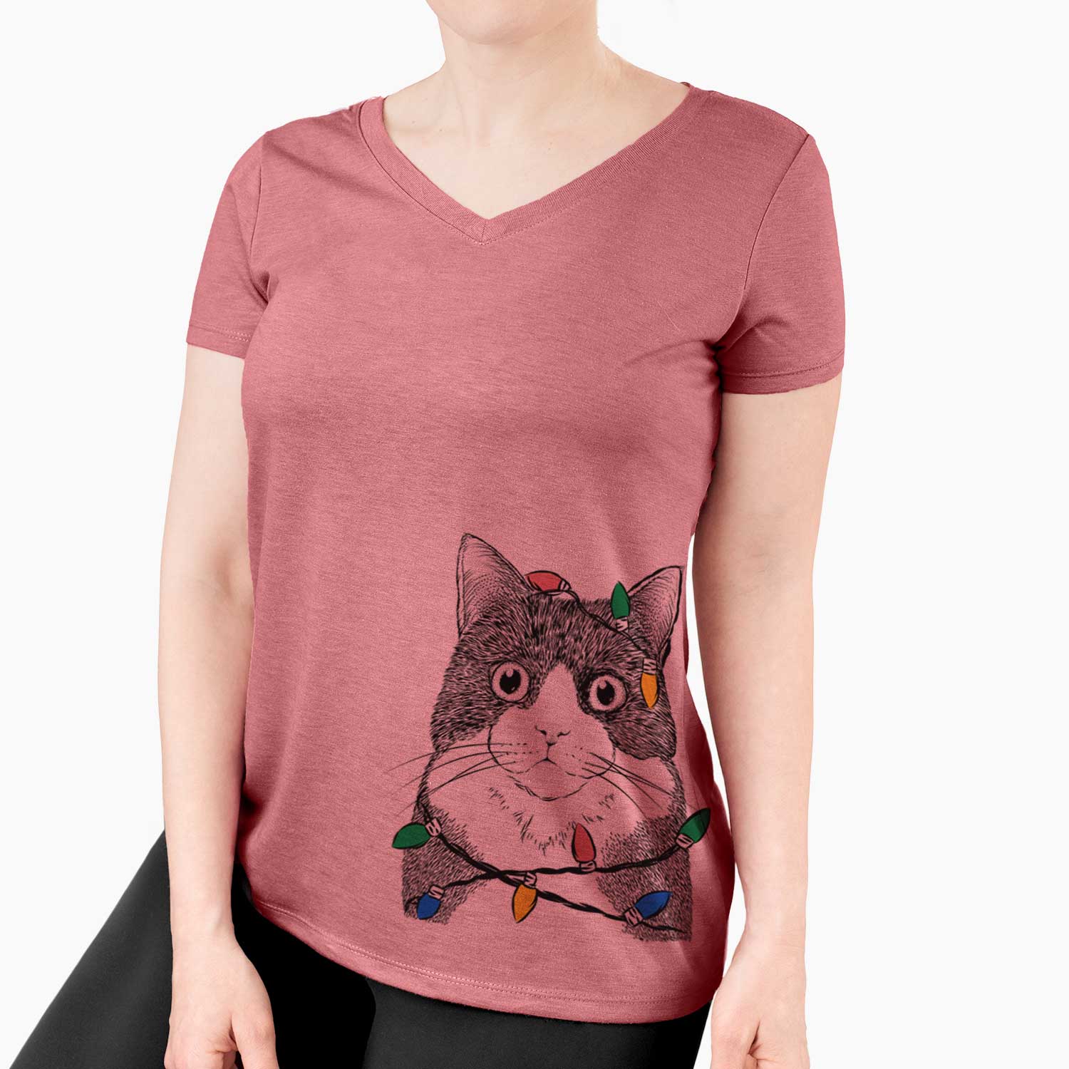 Christmas Lights Tux the Tuxedo Cat - Women's V-neck Shirt