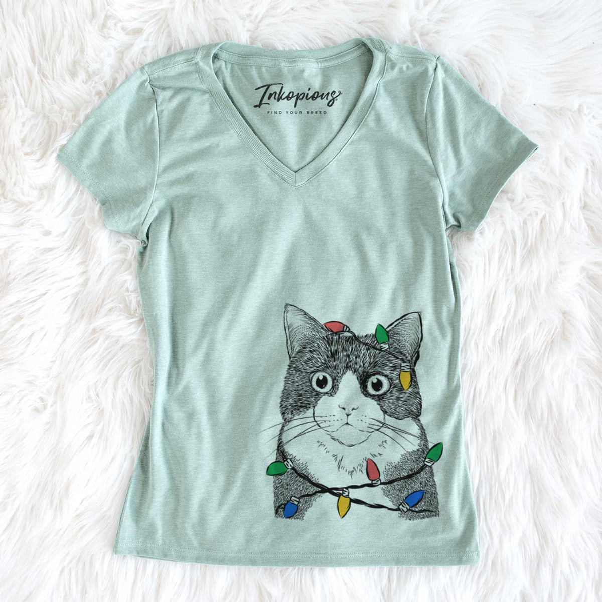 Christmas Lights Tux the Tuxedo Cat - Women&#39;s V-neck Shirt