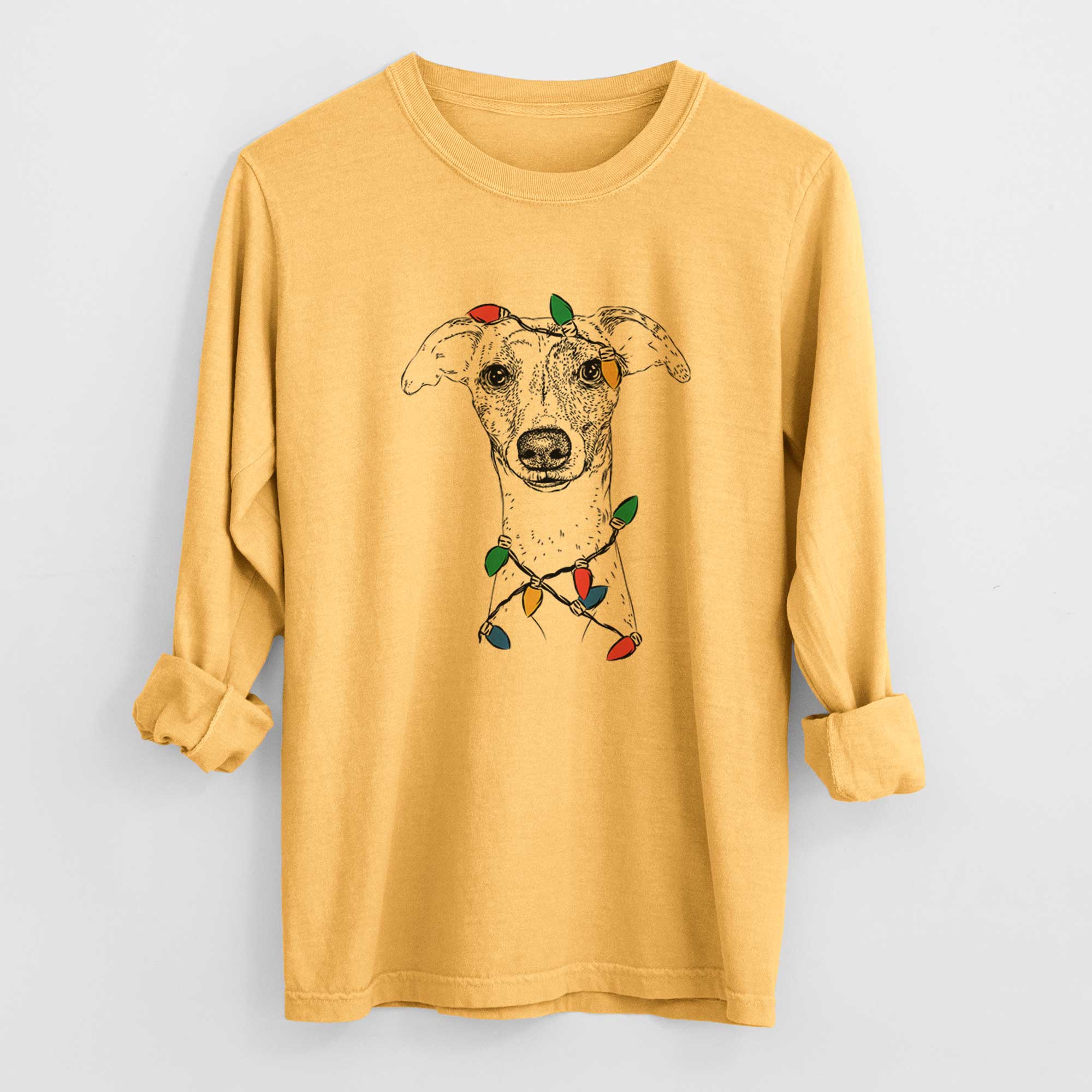 Christmas Lights Twiggy the Whippet - Heavyweight 100% Cotton Long Sleeve