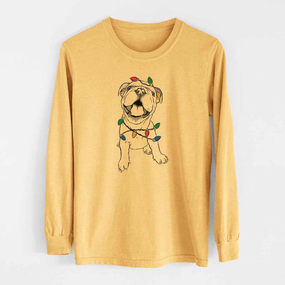 Christmas Lights Tyke the English Bulldog - Heavyweight 100% Cotton Long Sleeve