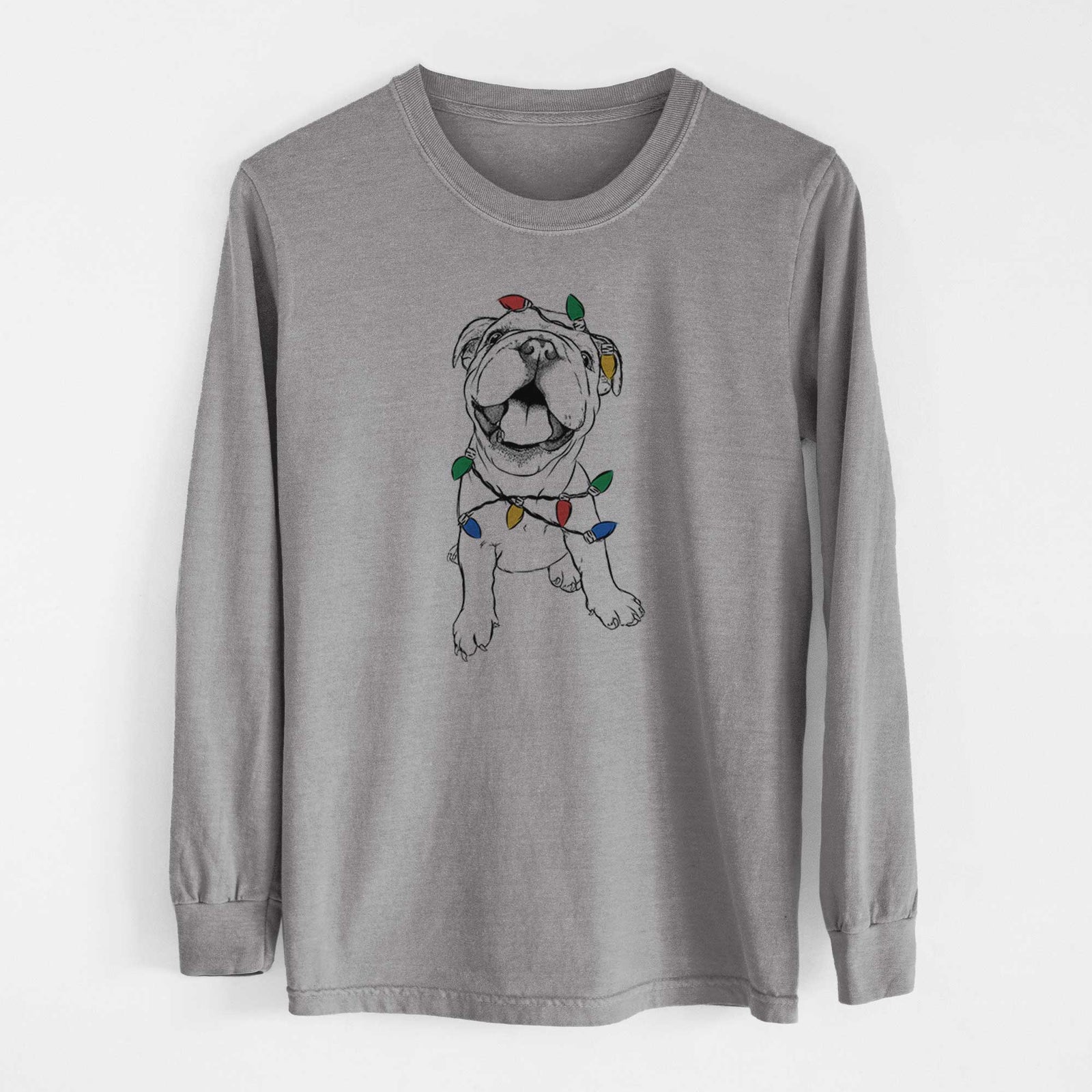 Christmas Lights Tyke the English Bulldog - Heavyweight 100% Cotton Long Sleeve