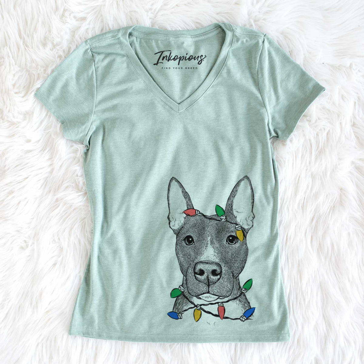 Christmas Lights Violet the Pitbull - Women&#39;s V-neck Shirt