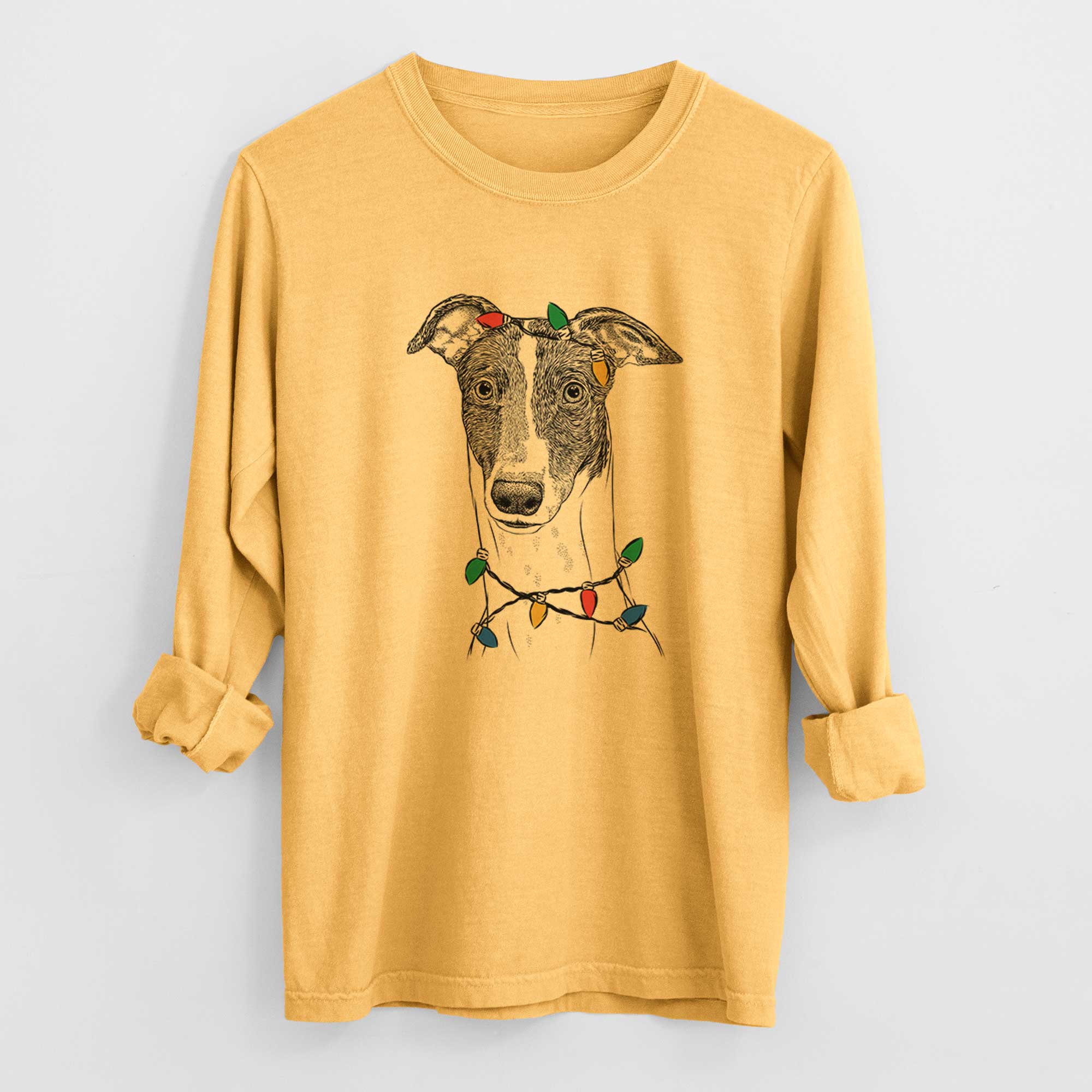 Christmas Lights Vyncent the Greyhound - Heavyweight 100% Cotton Long Sleeve