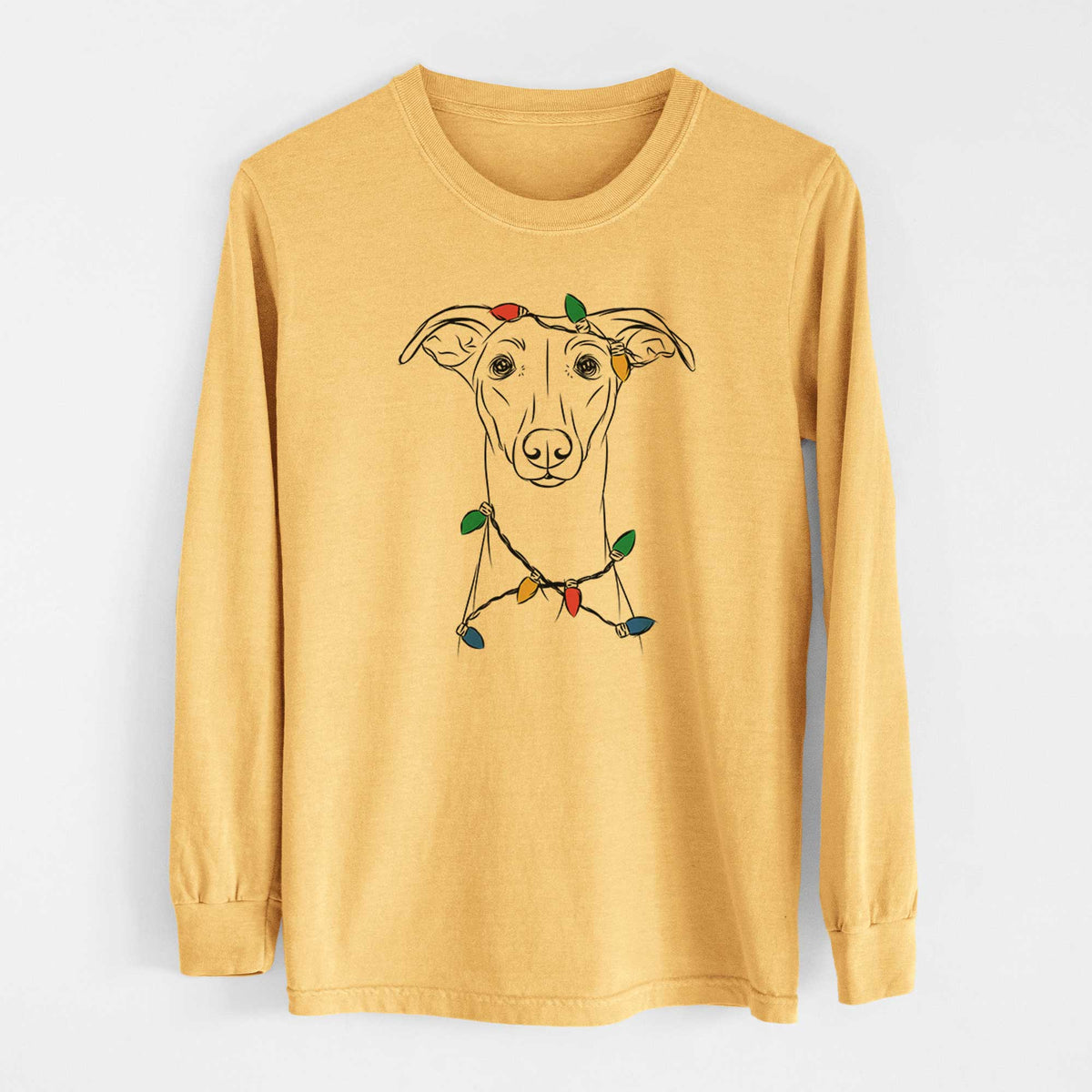 Christmas Lights Wallace the Whippet - Heavyweight 100% Cotton Long Sleeve