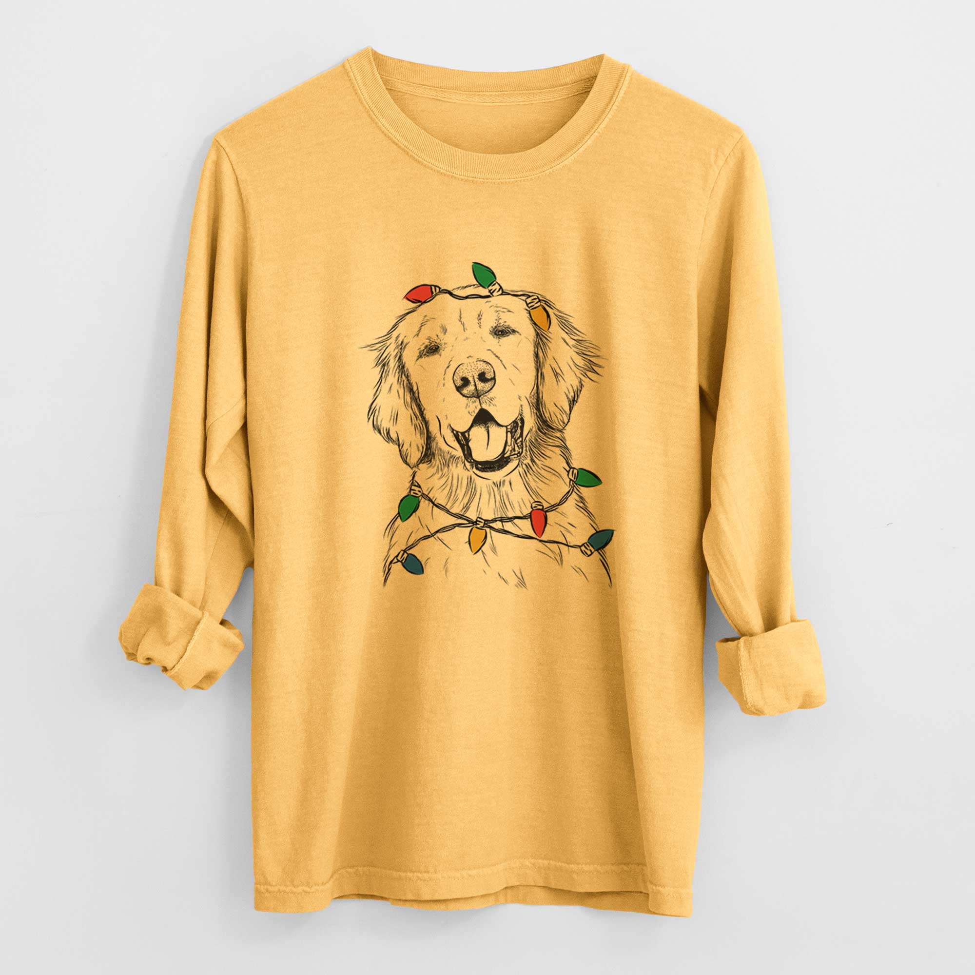 Christmas Lights Wallace the Golden Retriever - Heavyweight 100% Cotton Long Sleeve