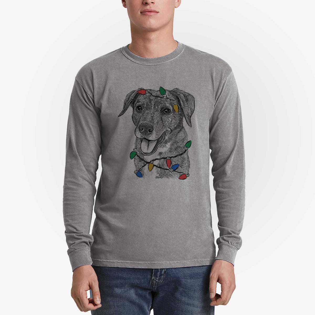 Christmas Lights Wally the Mixed Breed - Heavyweight 100% Cotton Long Sleeve