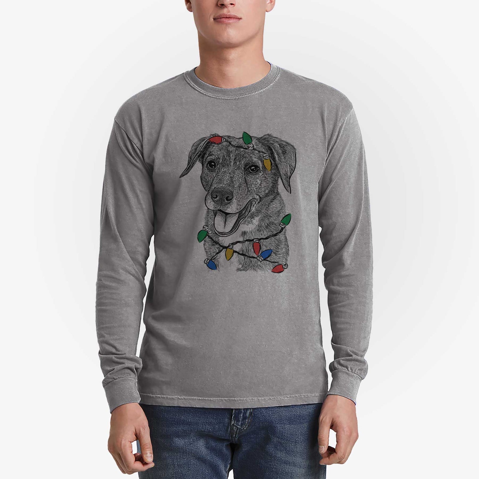 Christmas Lights Wally the Mixed Breed - Heavyweight 100% Cotton Long Sleeve