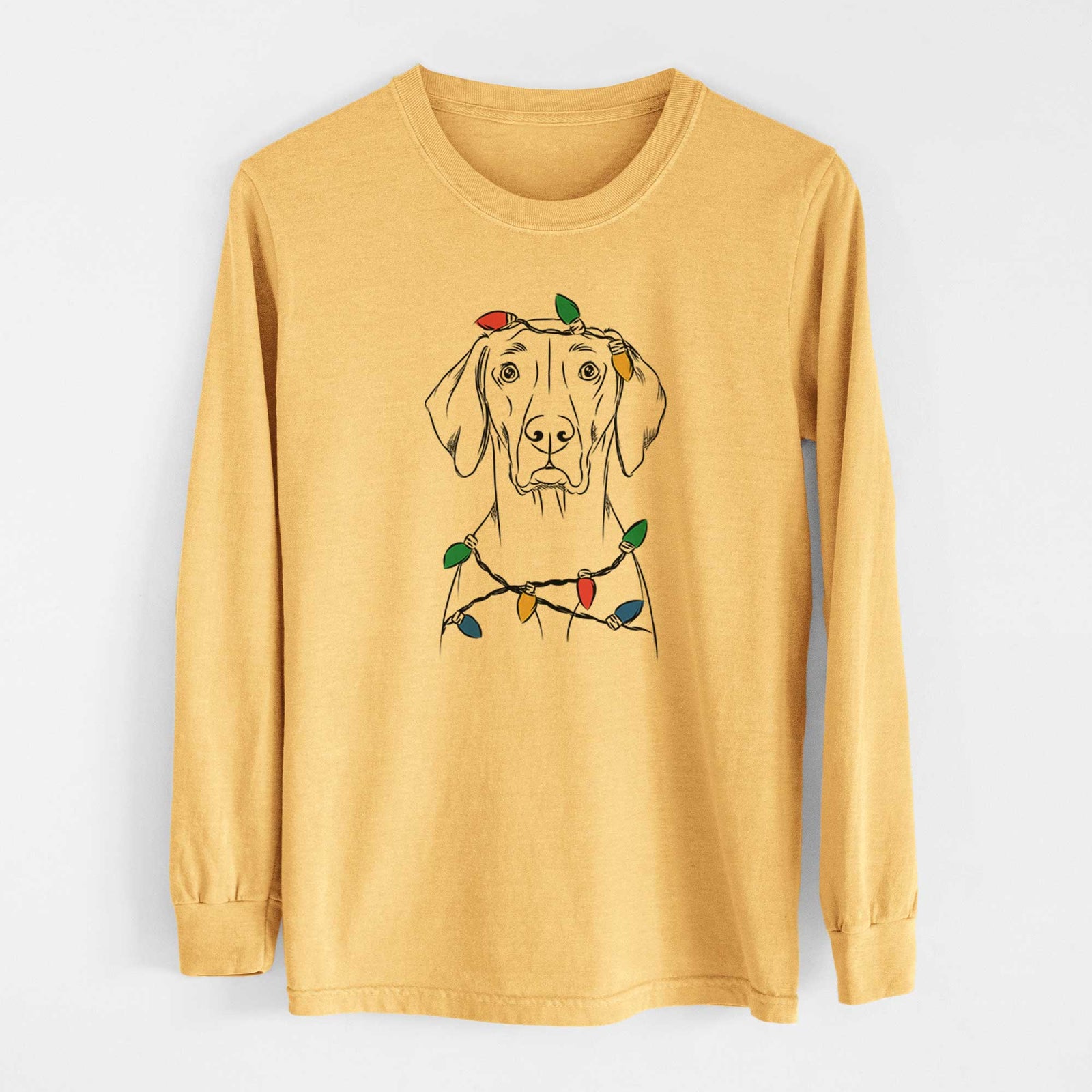 Christmas Lights Walter the Weimaraner - Heavyweight 100% Cotton Long Sleeve