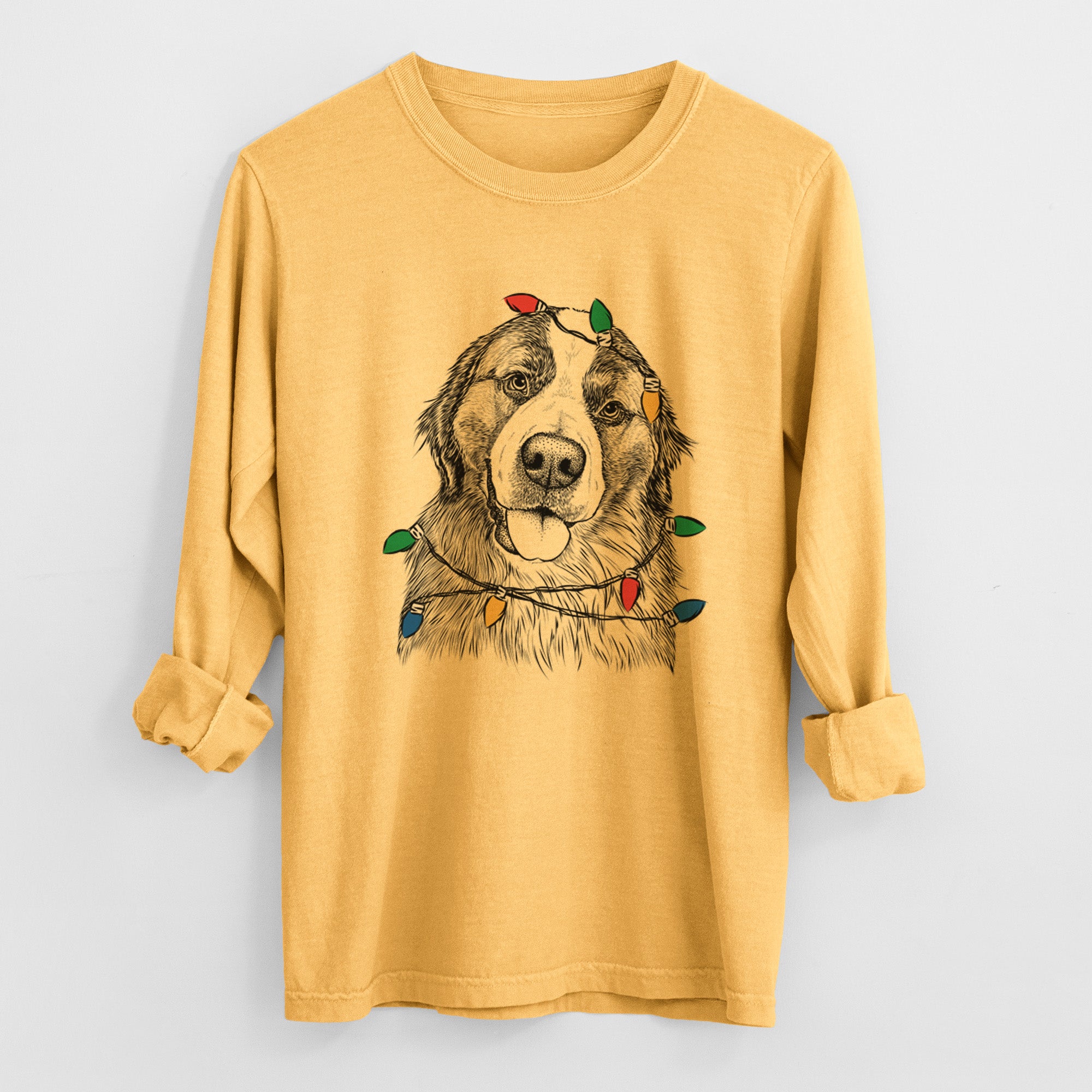 Christmas Lights Walter the Bernese Mountain Dog Mix - Heavyweight 100% Cotton Long Sleeve