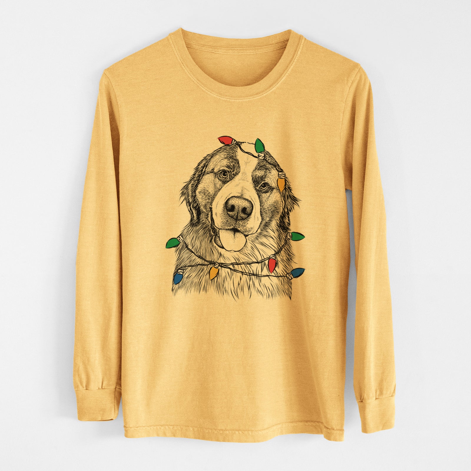 Christmas Lights Walter the Bernese Mountain Dog Mix - Heavyweight 100% Cotton Long Sleeve