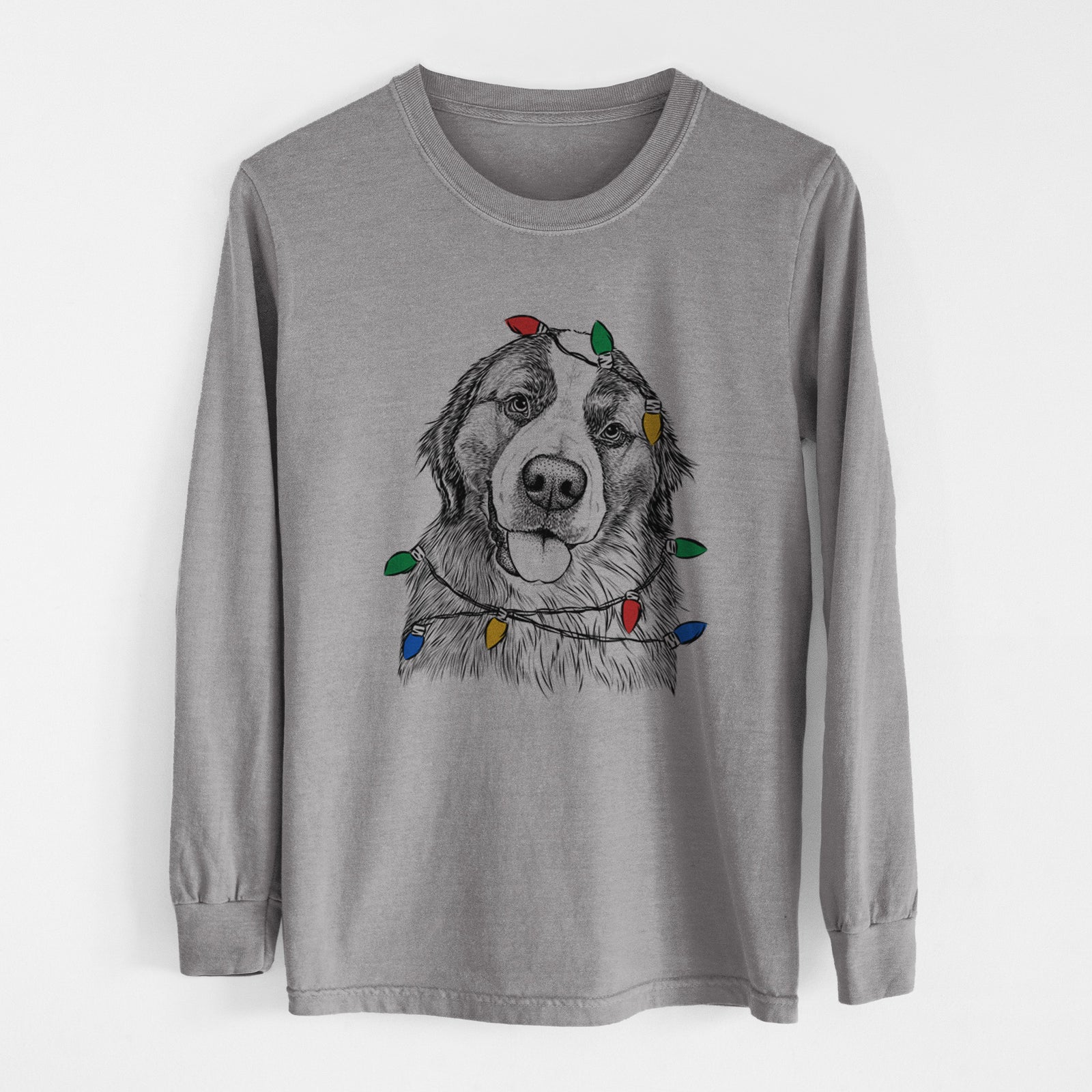 Christmas Lights Walter the Bernese Mountain Dog Mix - Heavyweight 100% Cotton Long Sleeve