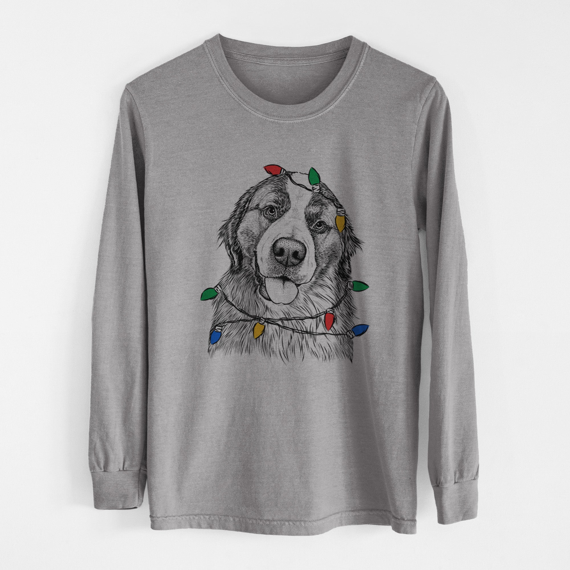 Christmas Lights Walter the Bernese Mountain Dog Mix - Heavyweight 100% Cotton Long Sleeve