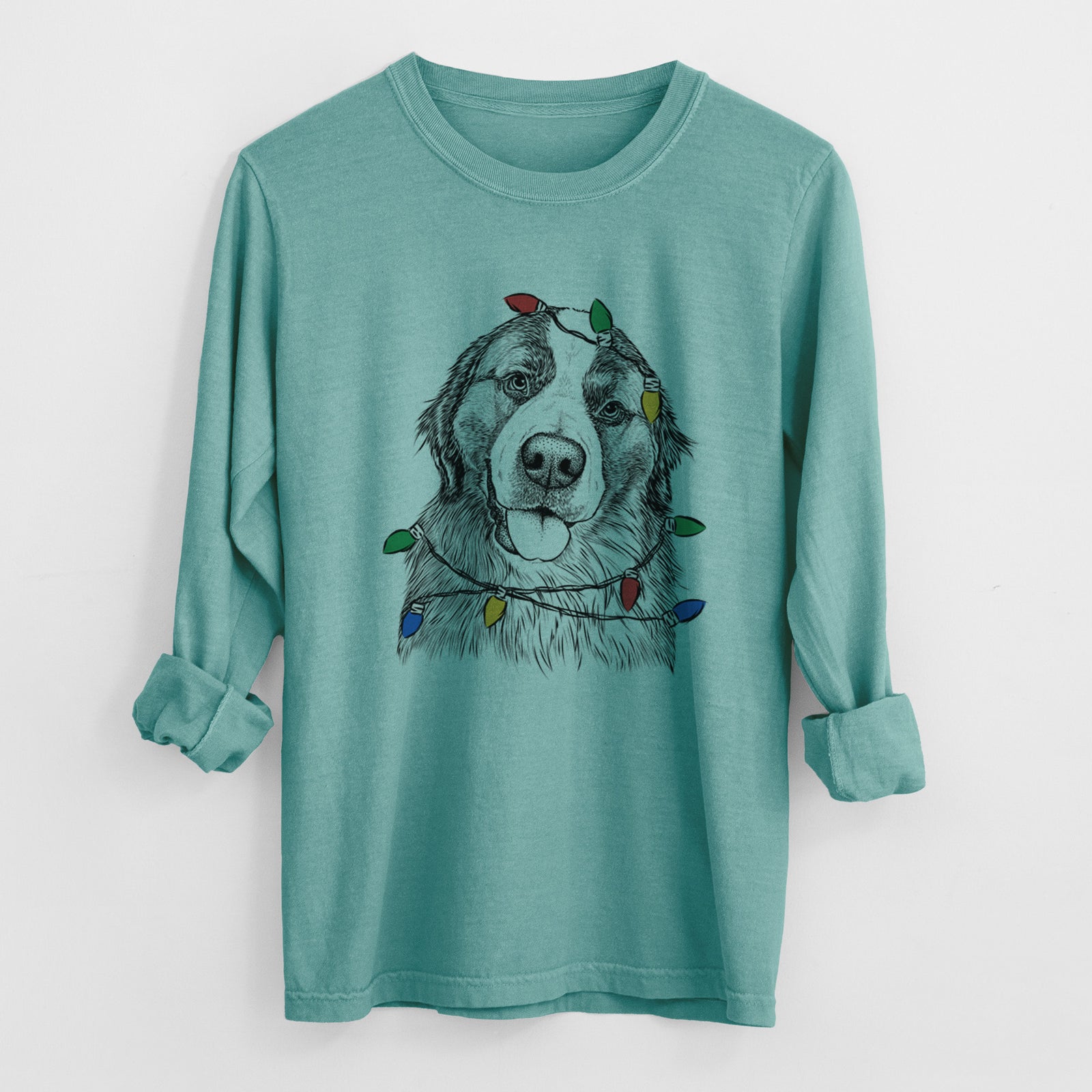 Christmas Lights Walter the Bernese Mountain Dog Mix - Heavyweight 100% Cotton Long Sleeve