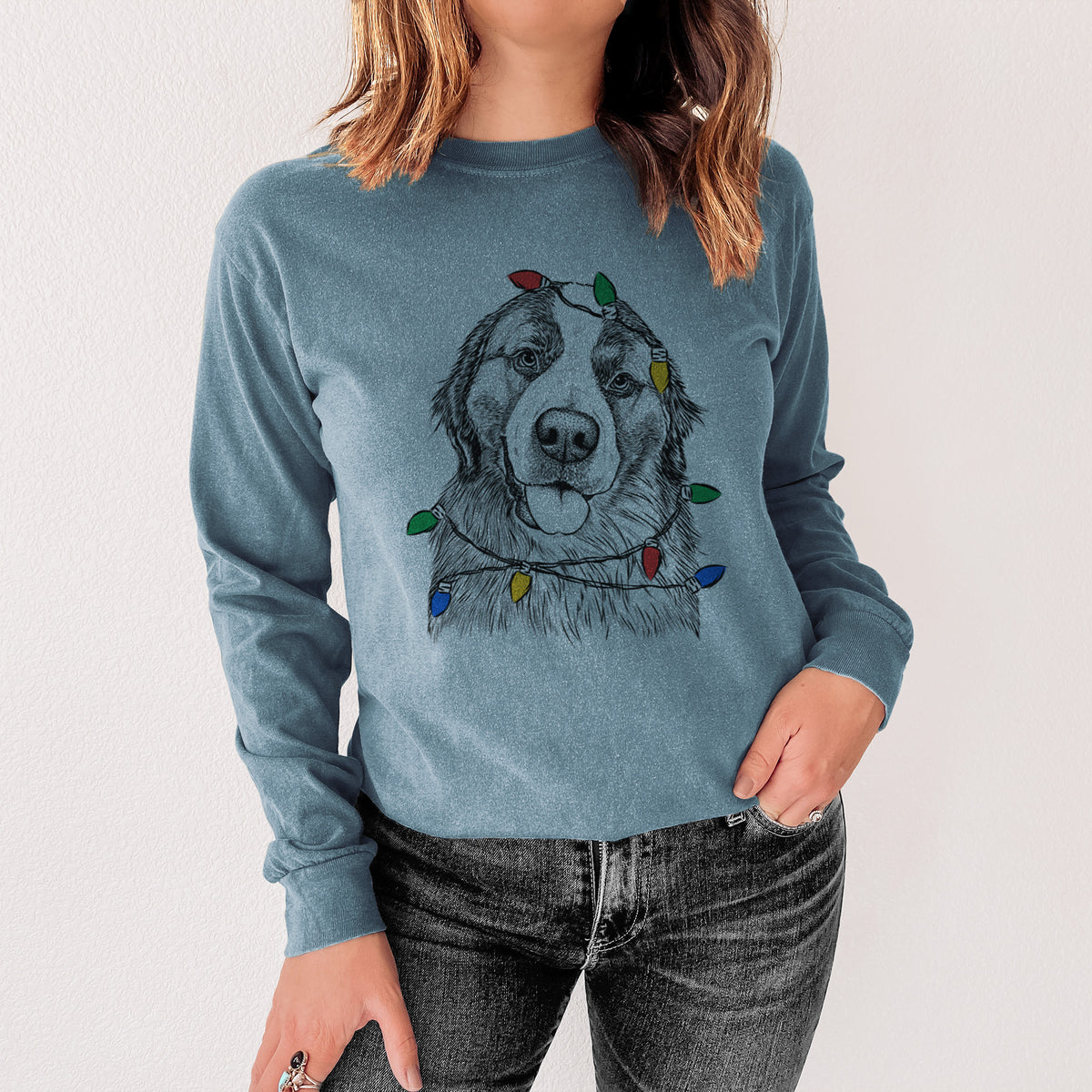 Christmas Lights Walter the Bernese Mountain Dog Mix - Heavyweight 100% Cotton Long Sleeve