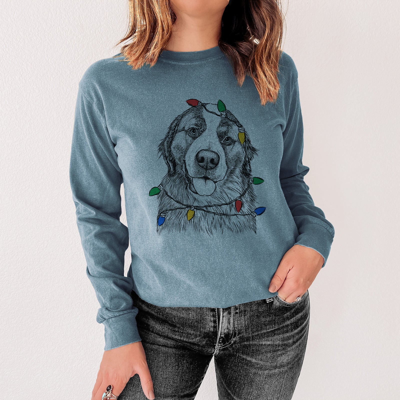 Christmas Lights Walter the Bernese Mountain Dog Mix - Heavyweight 100% Cotton Long Sleeve